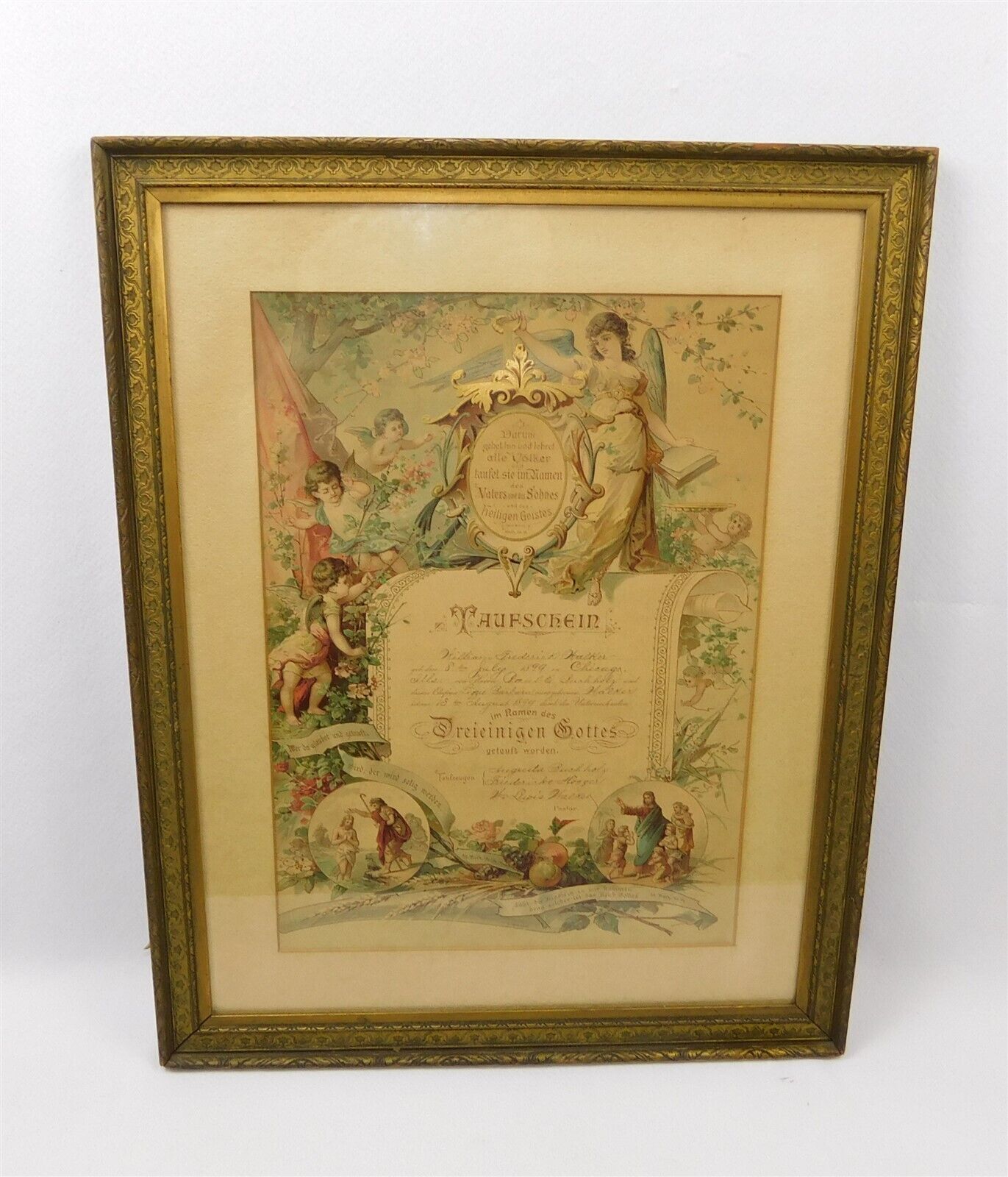 1899 Antique German Baptismal Certificate Framed Wm Frederick Walker Chicago