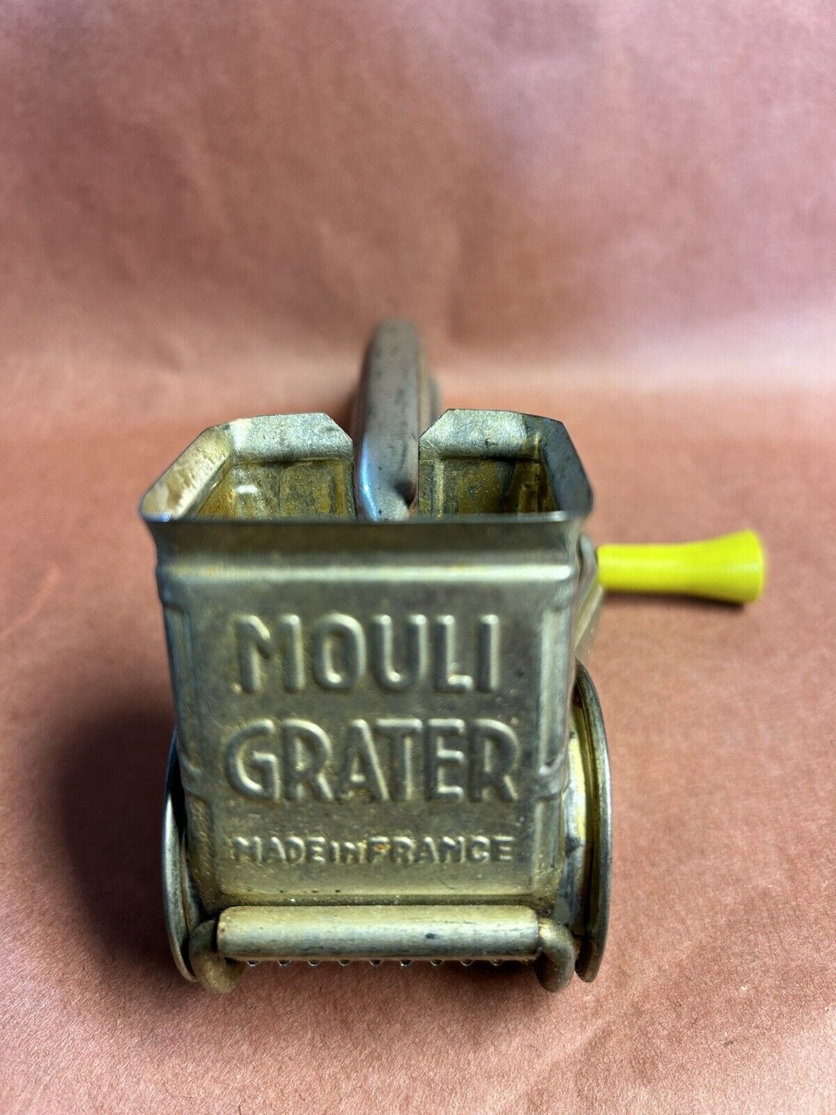 Vintage Mouli Cheese Grater Made in France Tin with Yellow Handle