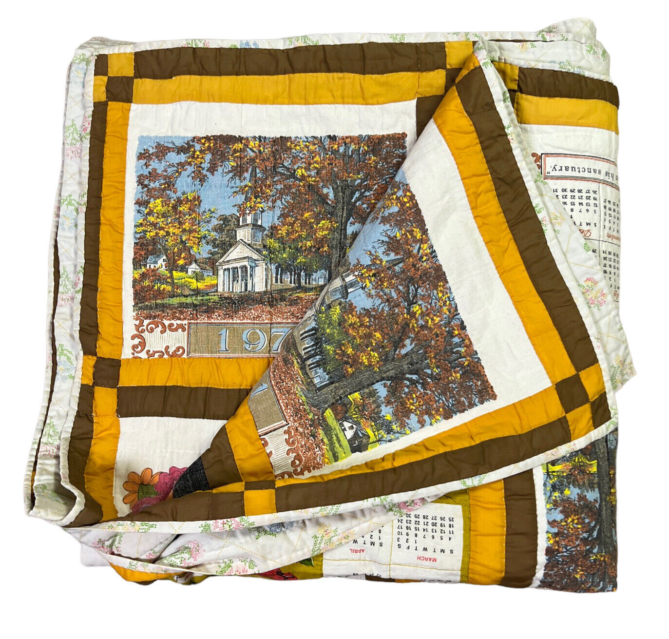 Vtg 60-70’s Wall Cloth Tea Towel Calendar XL Hand Crafted Quilt 109x109” Estate