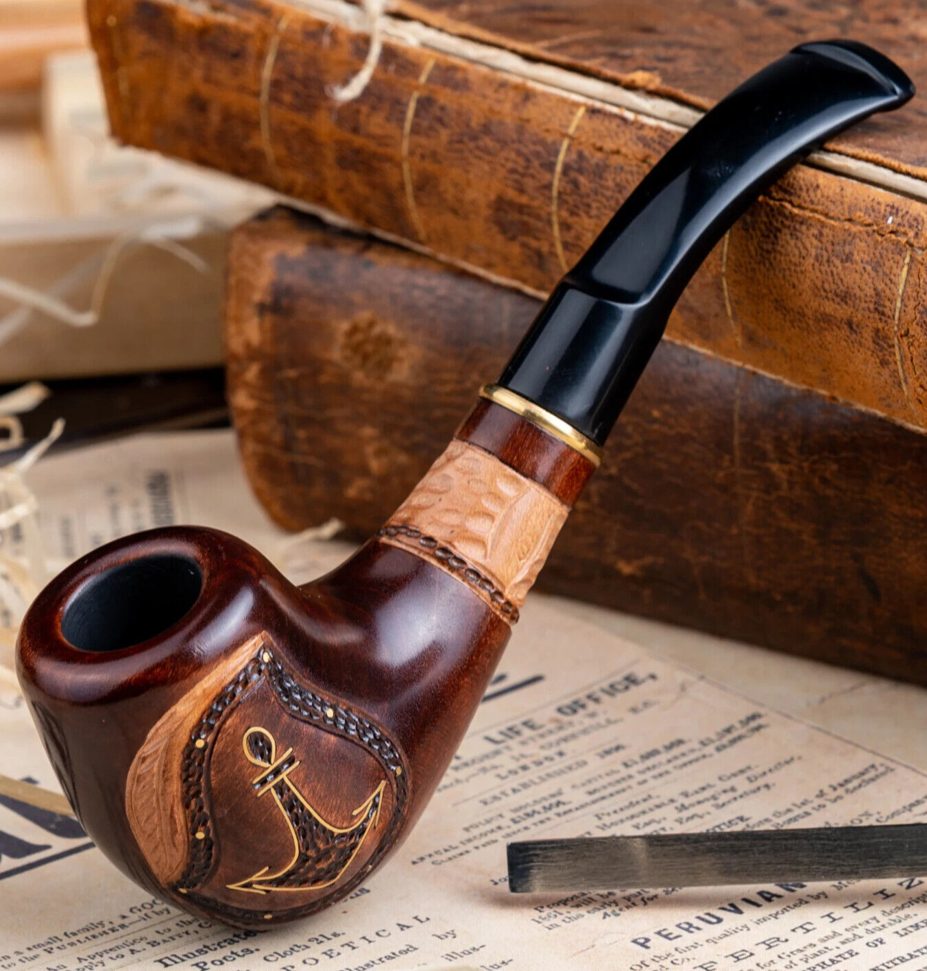 Wooden Tobacco Smoking pipe - Hand Carved - Anchor,  Filter Size - 9mm