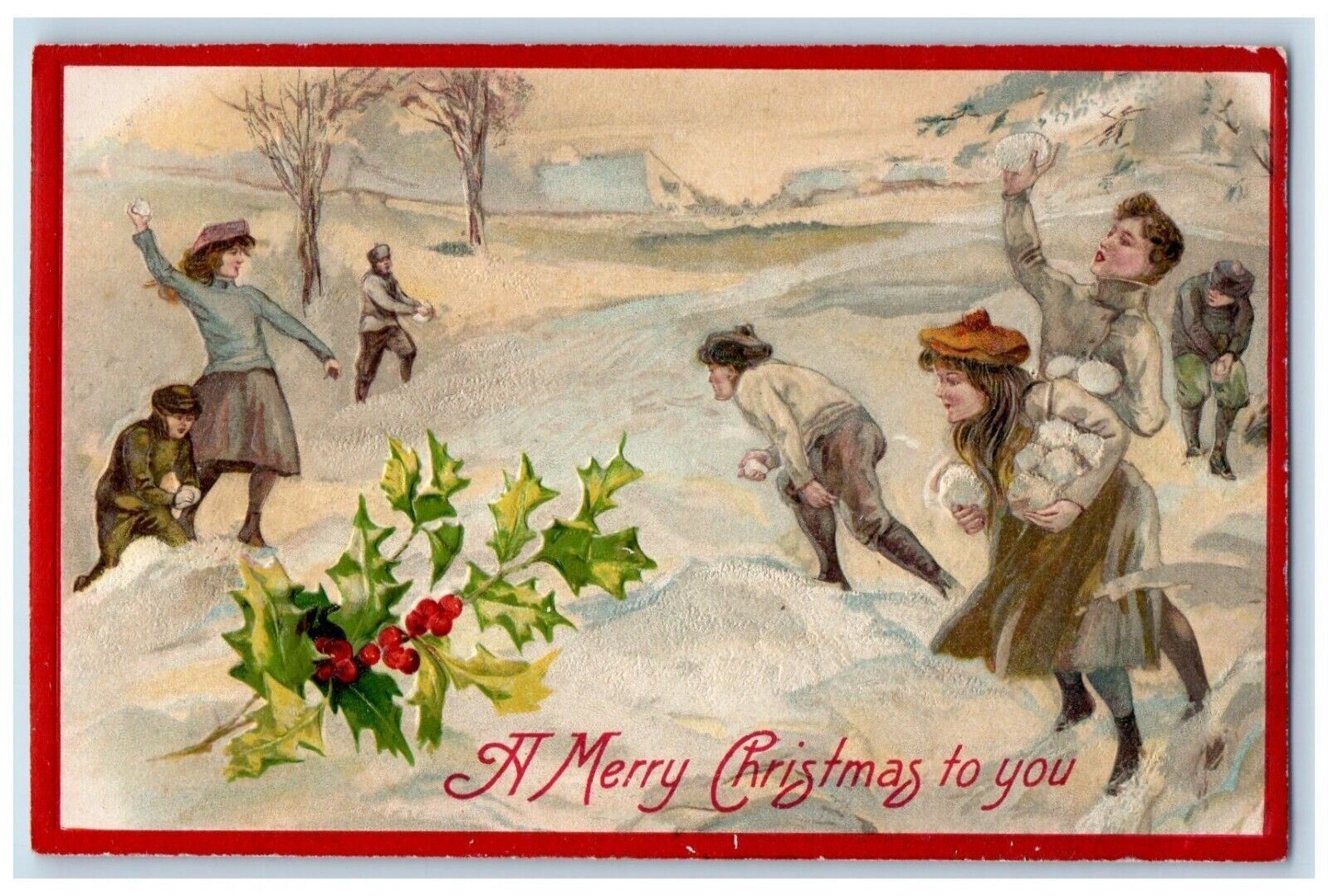 c1910's Christmas People Throwing Snowballs Fight Winsch Back Embossed Postcard