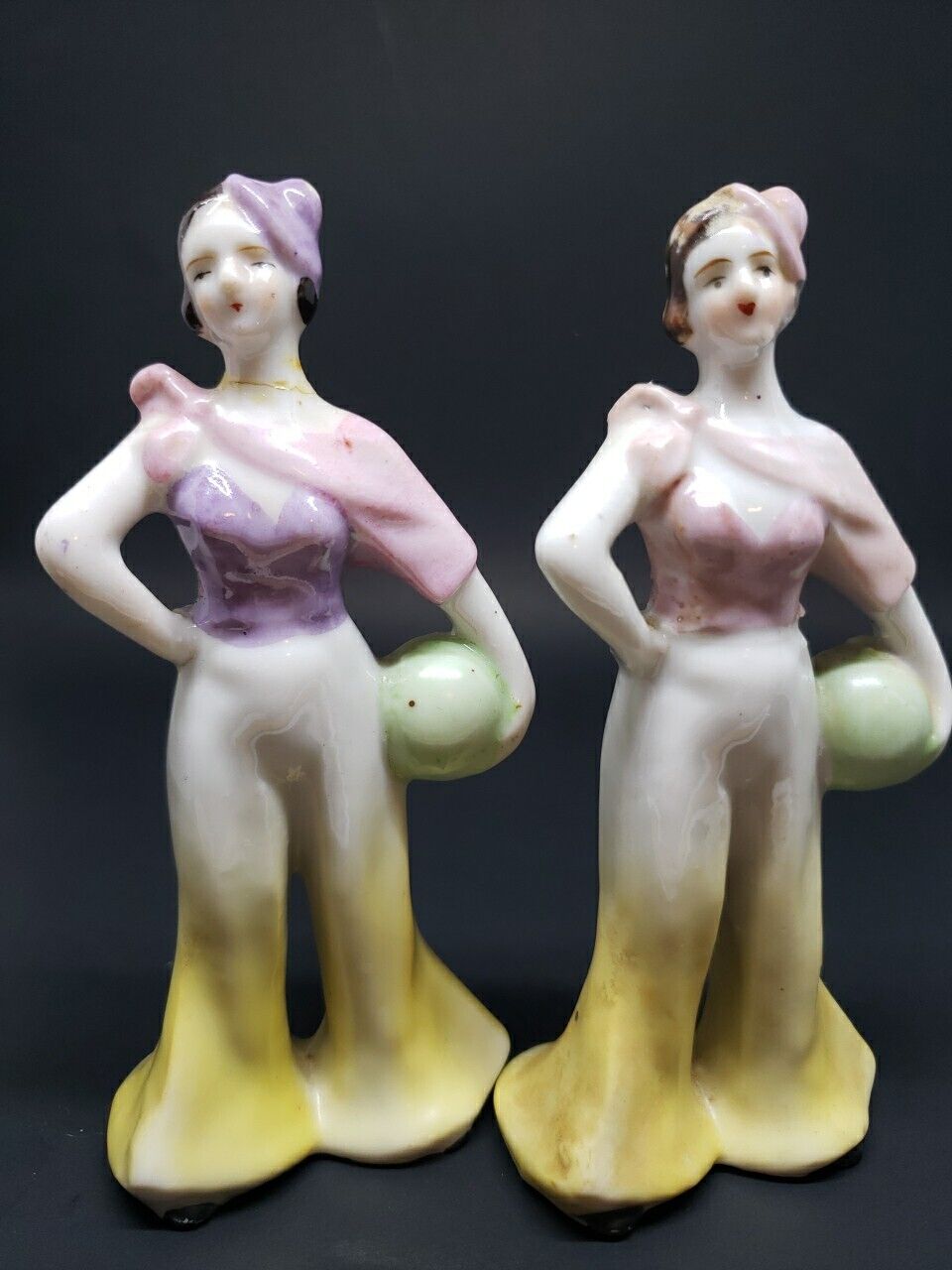 Vintage Set Of 2 1930’s Art Deco Style Beach Beauty Figurines holding ball