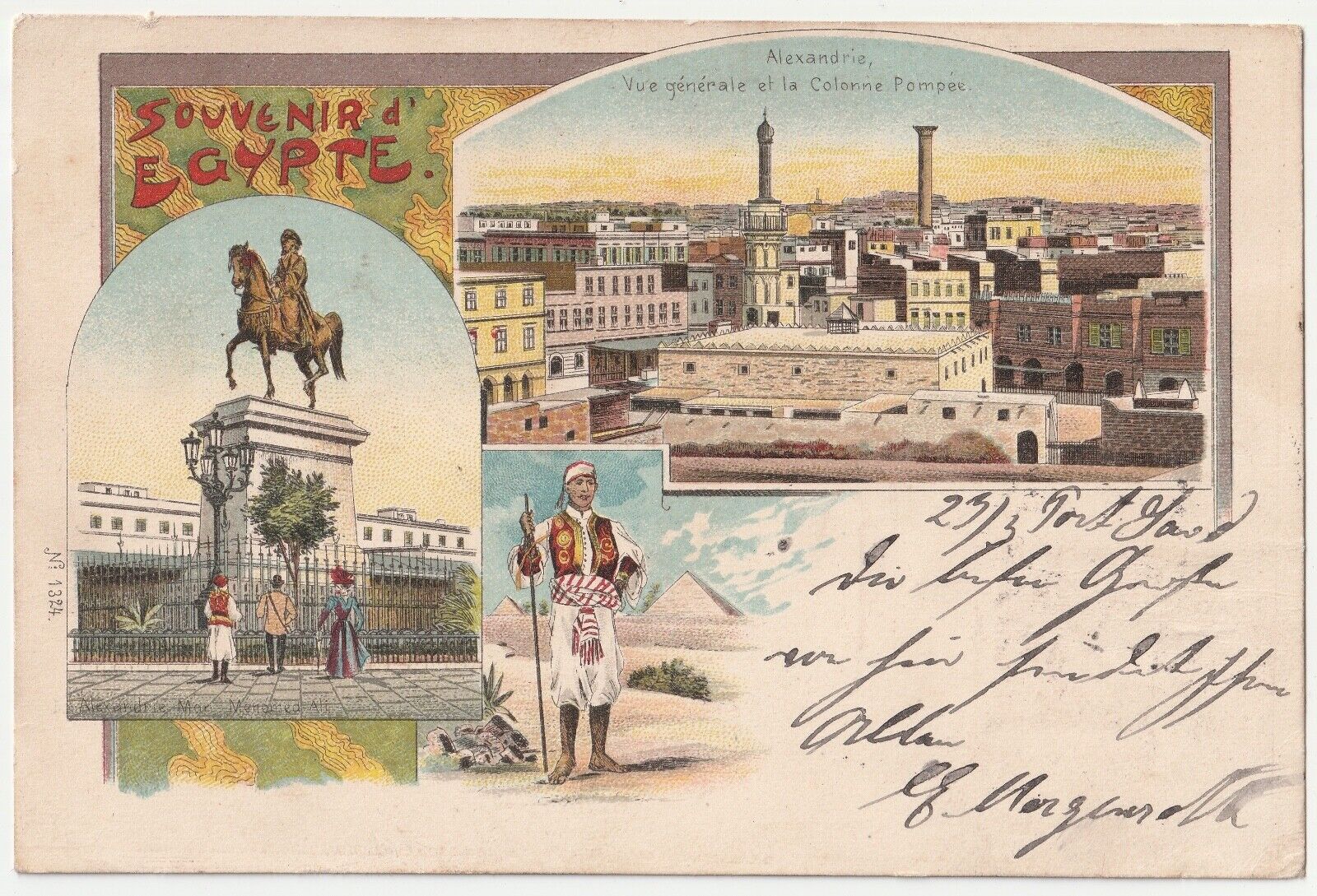 c1901-1907 Egypt Souvenir View of Alexandria & Pompey's Pillar Antique Postcard