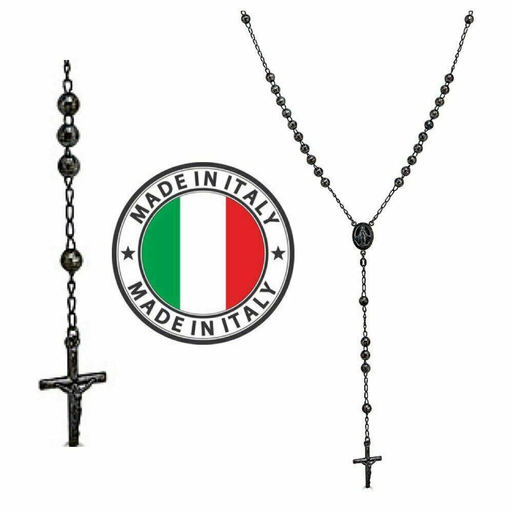 Men’s Rosary Beads Necklace Oxidized Black Solid 925 Silver Rosario ITALY Cross