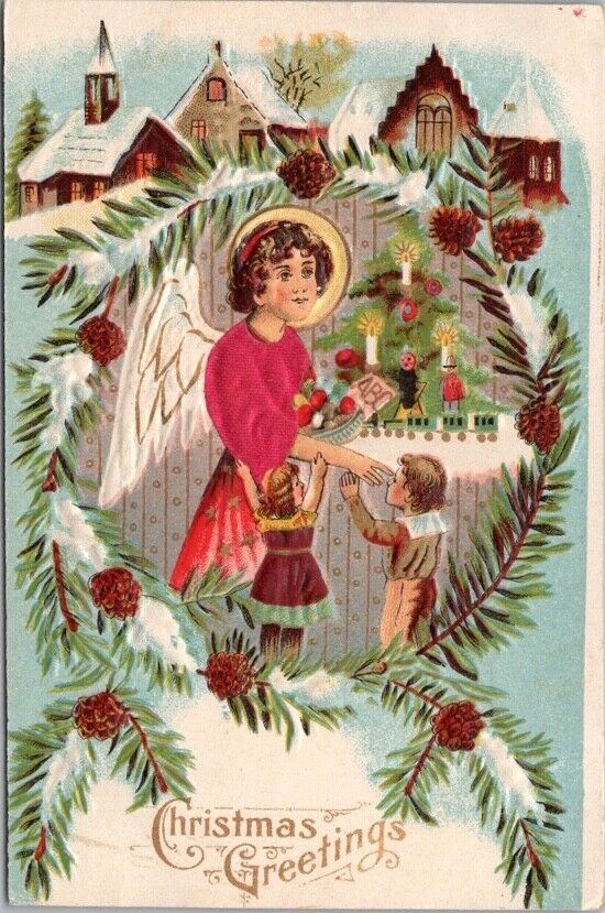 c1910s CHRISTMAS GREETINGS Embossed Postcard Angel / Children - Real Silk Cloth