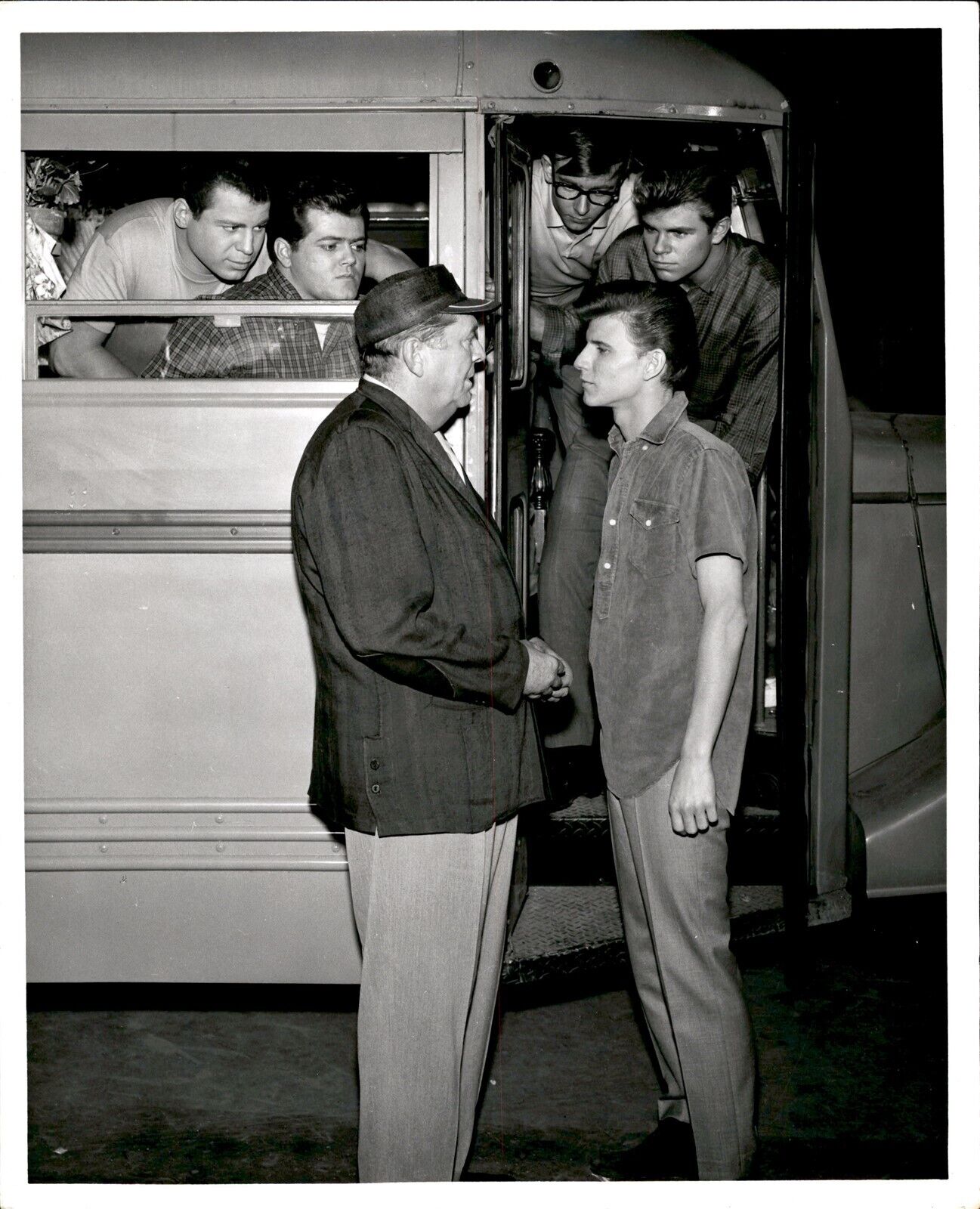 BR52 Rare Original Photo OLDER GENTLEMAN TALKING TO HANDSOME Man Travel Bus