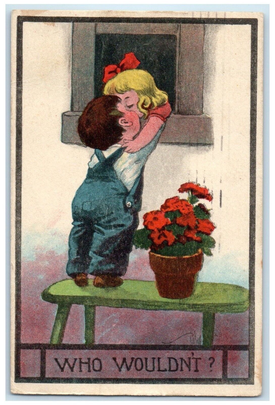 1913 Little Children Kissing On Window Who Wouldn't Chicago IL Antique Postcard