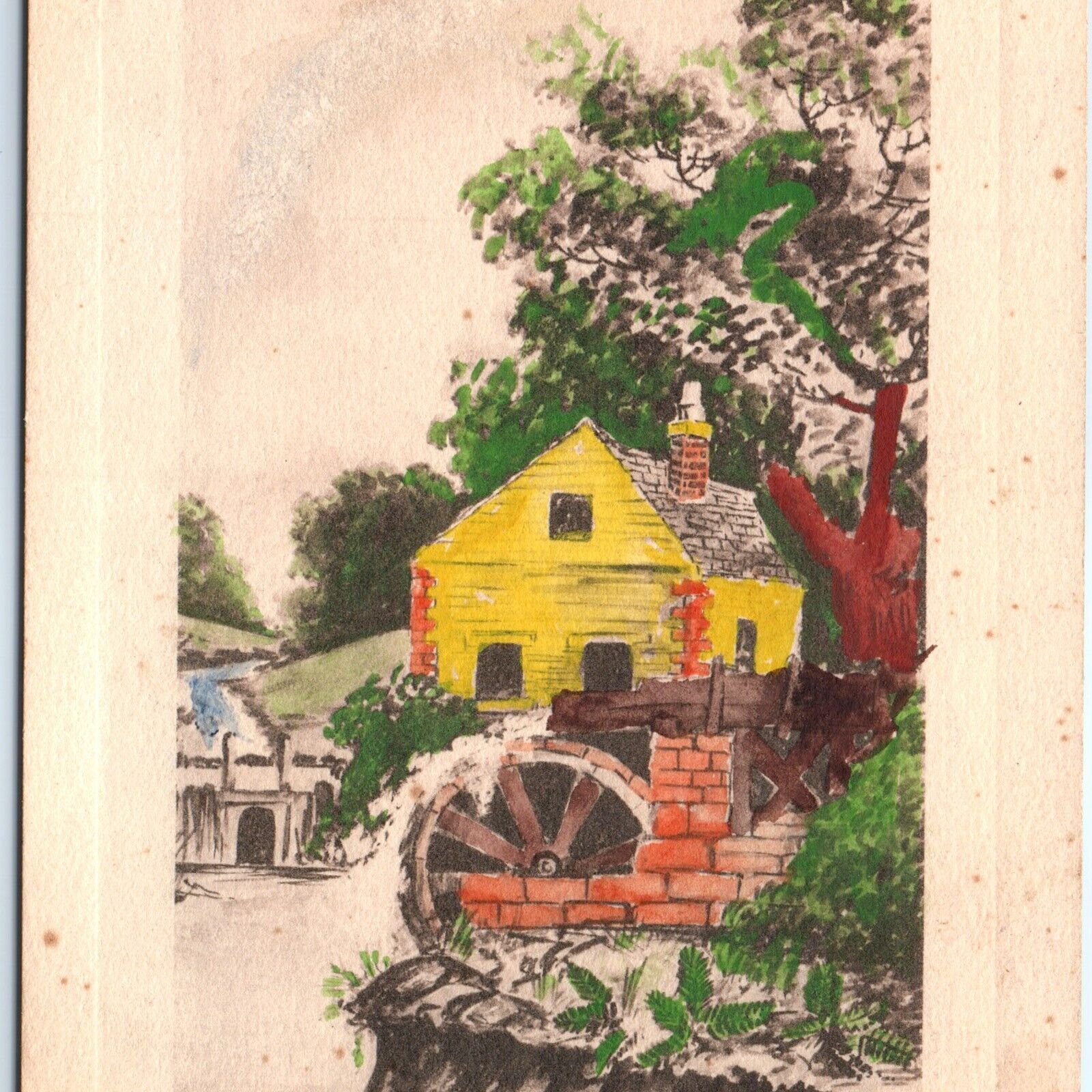 c1910s Artistic Water Wheel Hand Water Colored Blank Unmarked Postcard Vtg A67