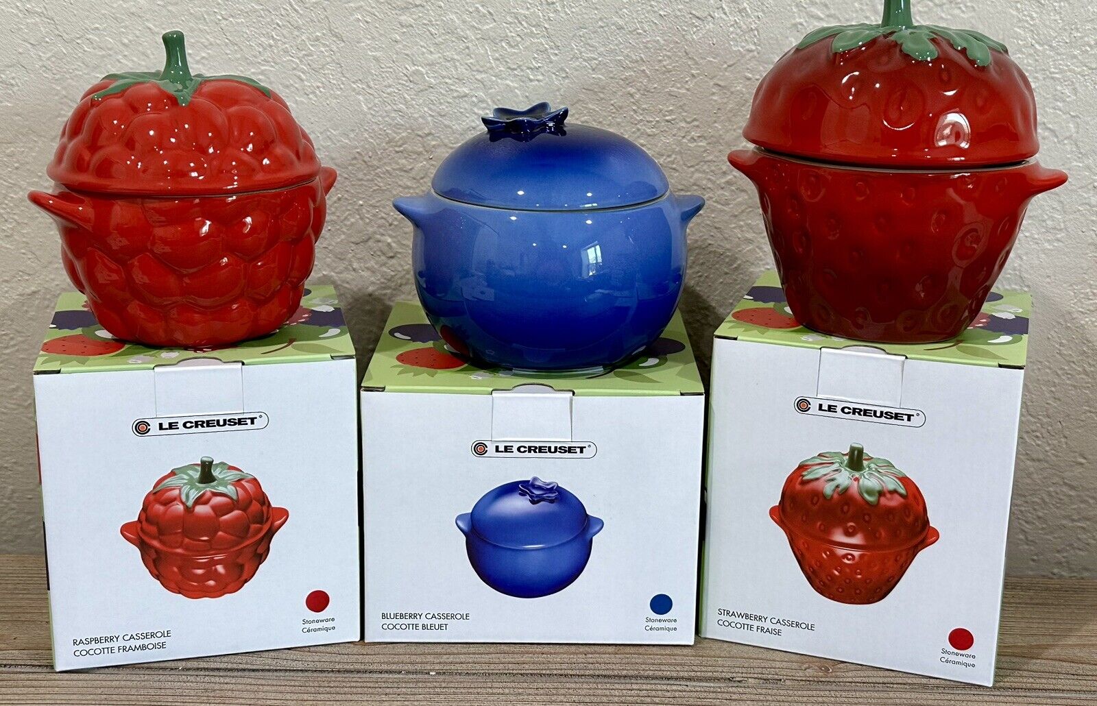 Le Creuset Strawberry Raspberry Blueberry Set 3 Fruit Cocottes Stoneware New