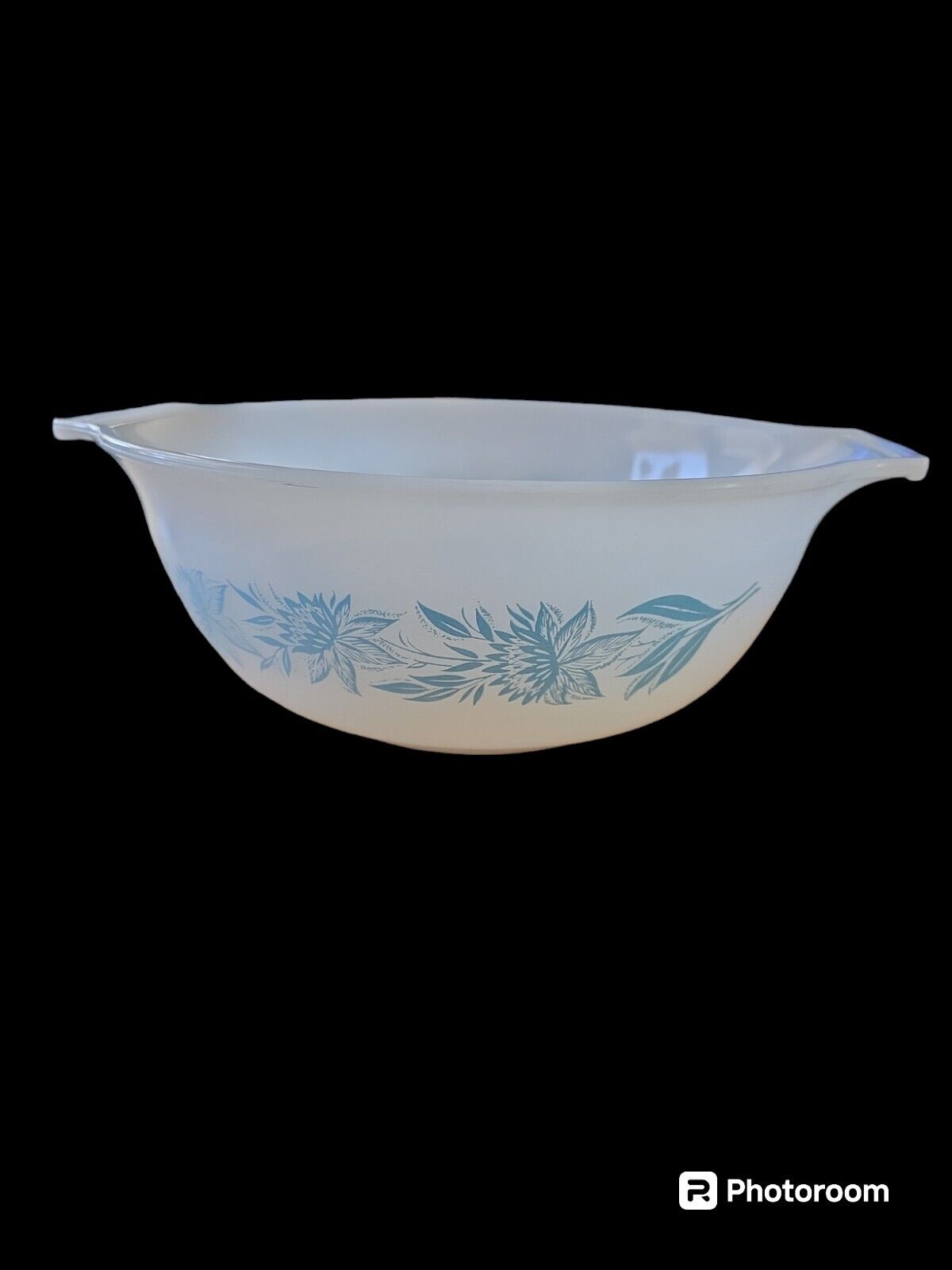 Vintage Unmarked GLASBAKE Mixing Bowl Aqua Blue Thistle Flower Milk Glass 9