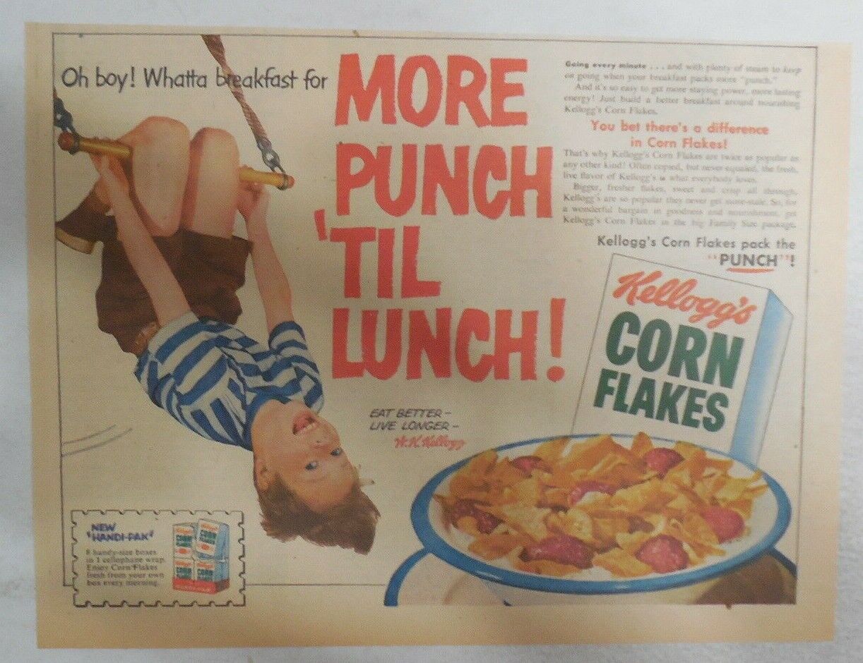 Kellogg's Cereal Ad: More Punch For Lunch  From 1951 Size: 7 x 10 inches