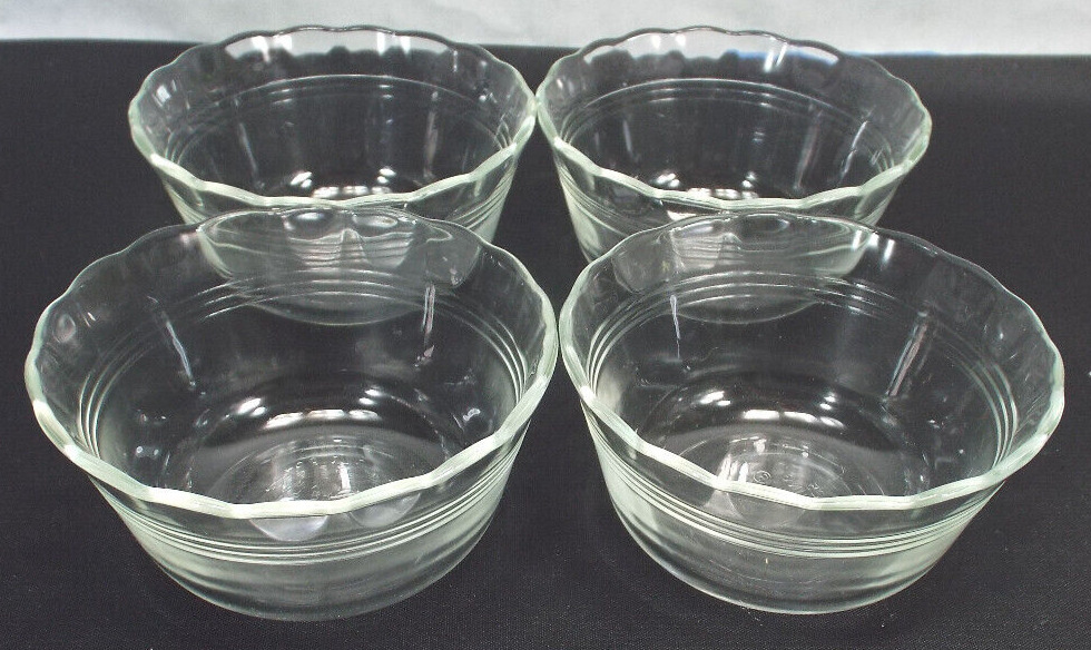 4 PYREX Scalloped Custard Cup 3 Ring Design Clear Glass Ramekin Dish 463 Vintage