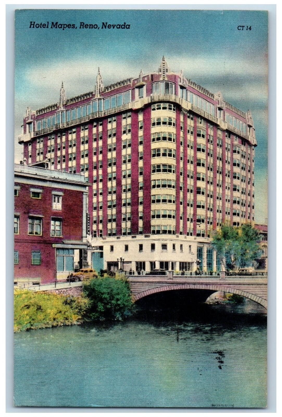 Reno Nevada NV Postcard The Hotel Mapes Overlooking Truckee River 1954 Bridge