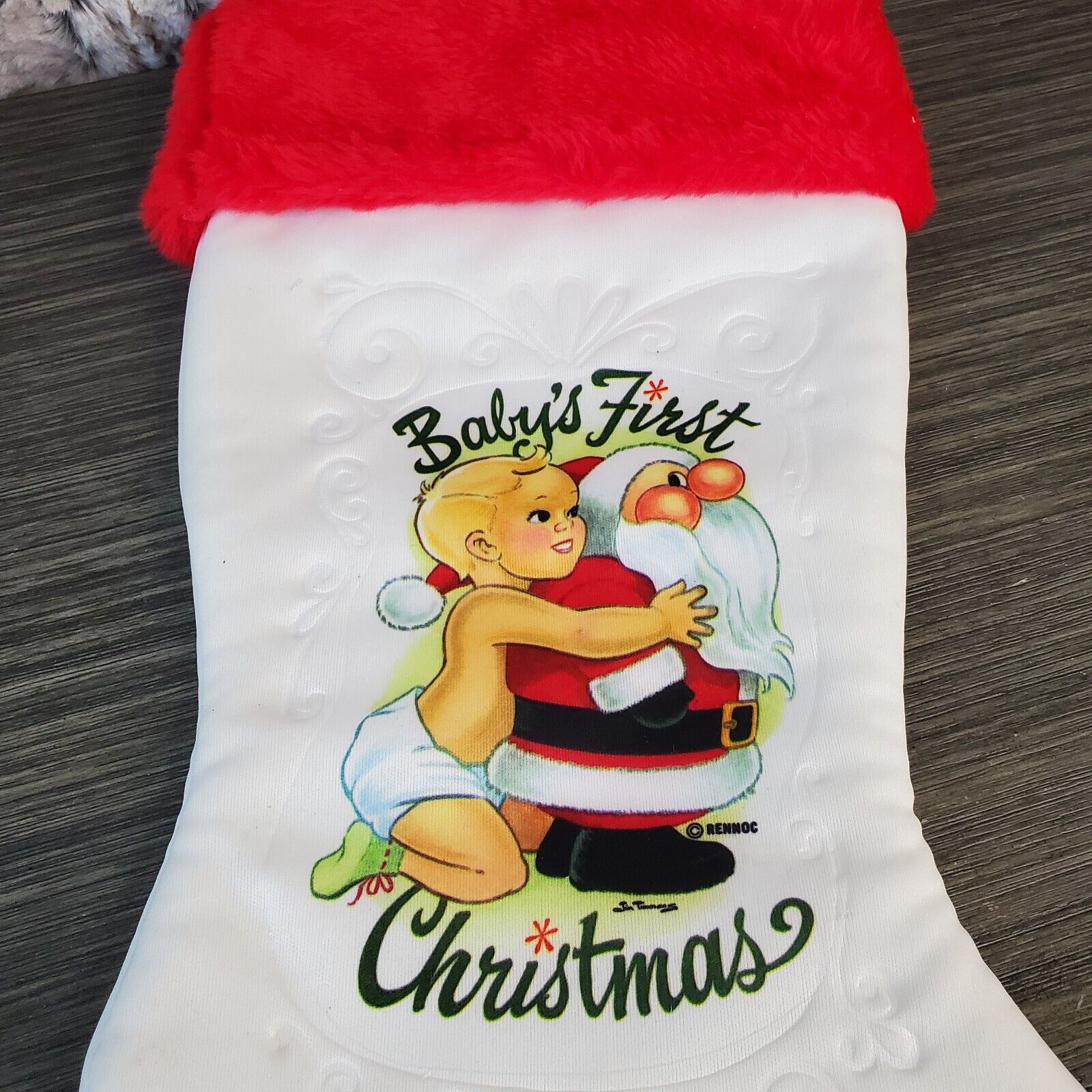 Vtg Baby\'s First Christmas Red/White RENNOC Stocking Featuring Jim Timmons Art