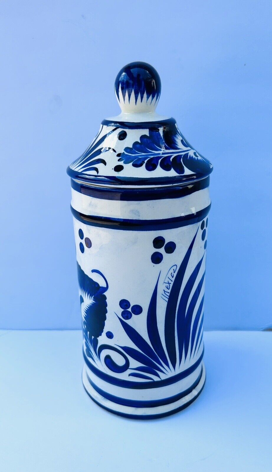 Vintage Mexican Glazed Handpainted & Glazed Deep Blue Art Lidded Jar