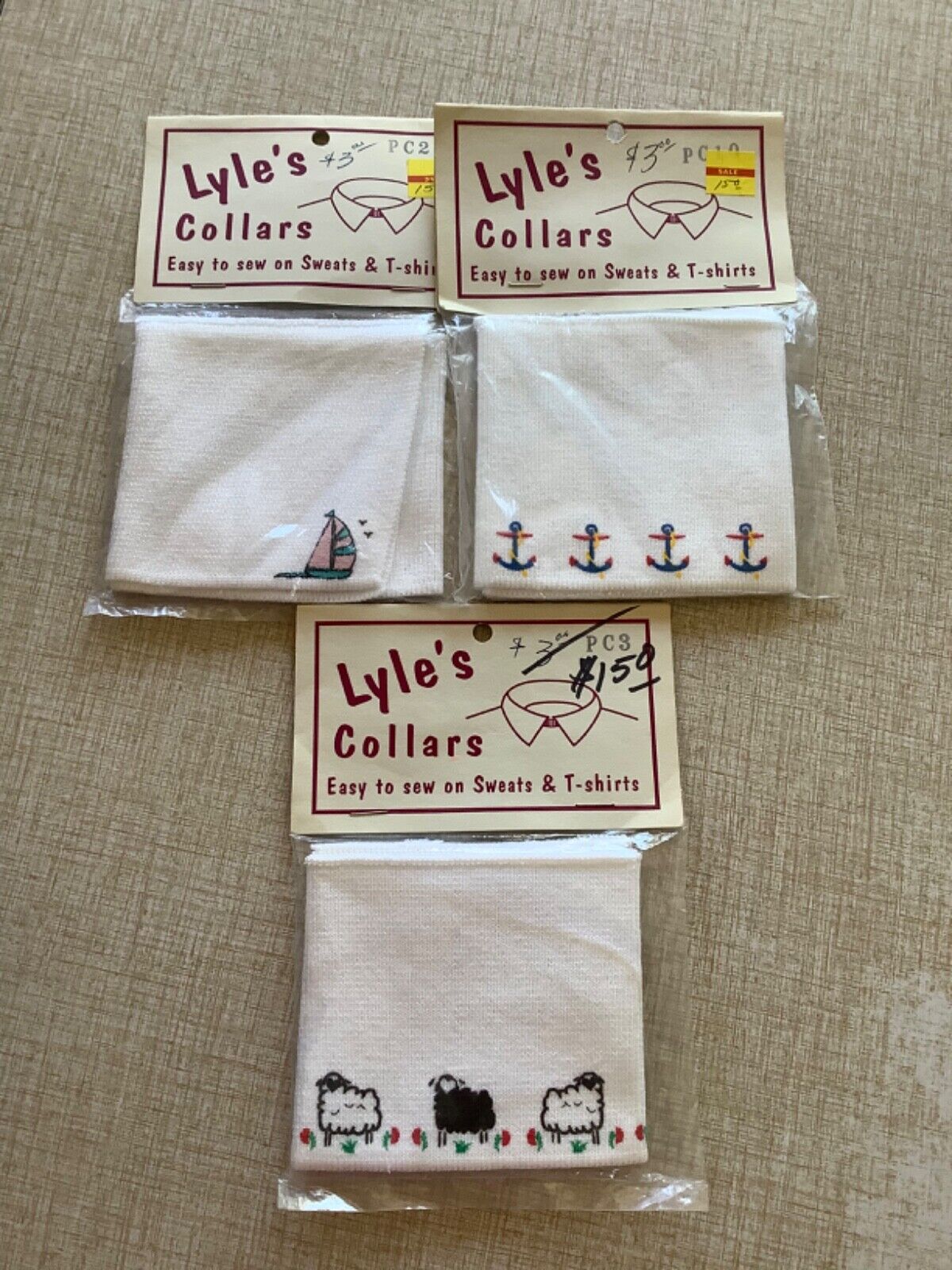 3 Vintage LYLE’S Sweat & T-Shirt Novelty COLLARS Sew-On Notions Nautical & Sheep