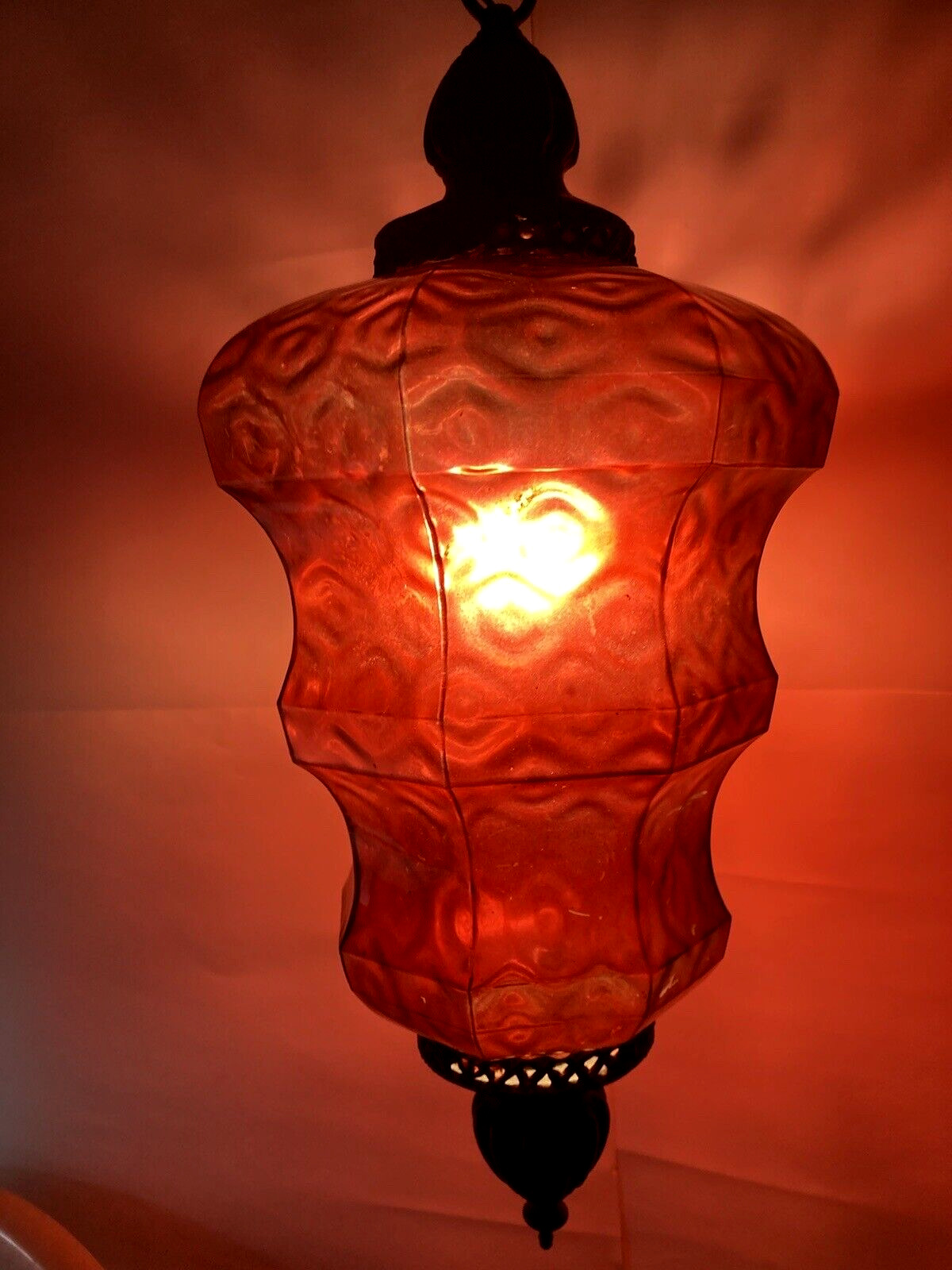 Vtg MCM Hanging Light Ruby Red Optic Glass Swag Lamp Gothic 24”L/10”W 10’ chain