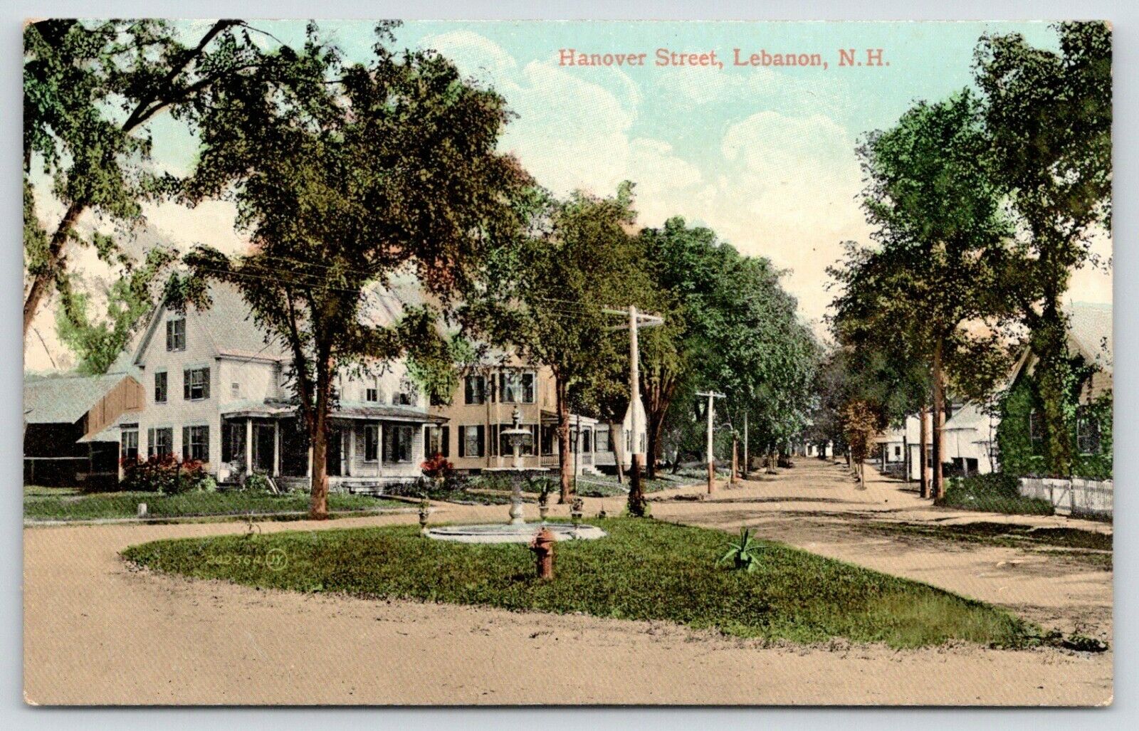 Lebanon New Hampshire~Hanover Street~Fountain Garden at Fork in Road~Homes~c1910