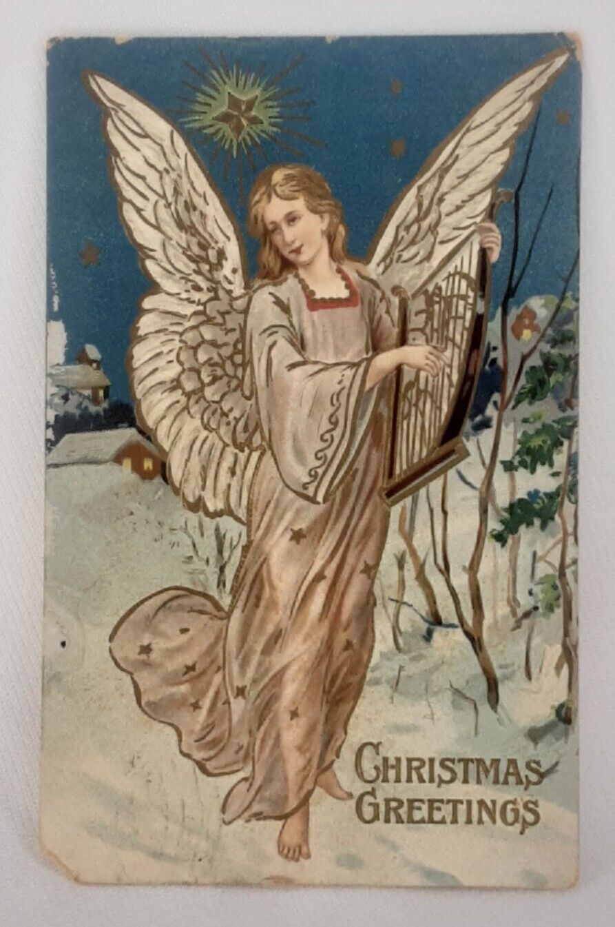 Christmas Post Card S P Co Printed in Germany Embossed Angel & Harp Snowy Night
