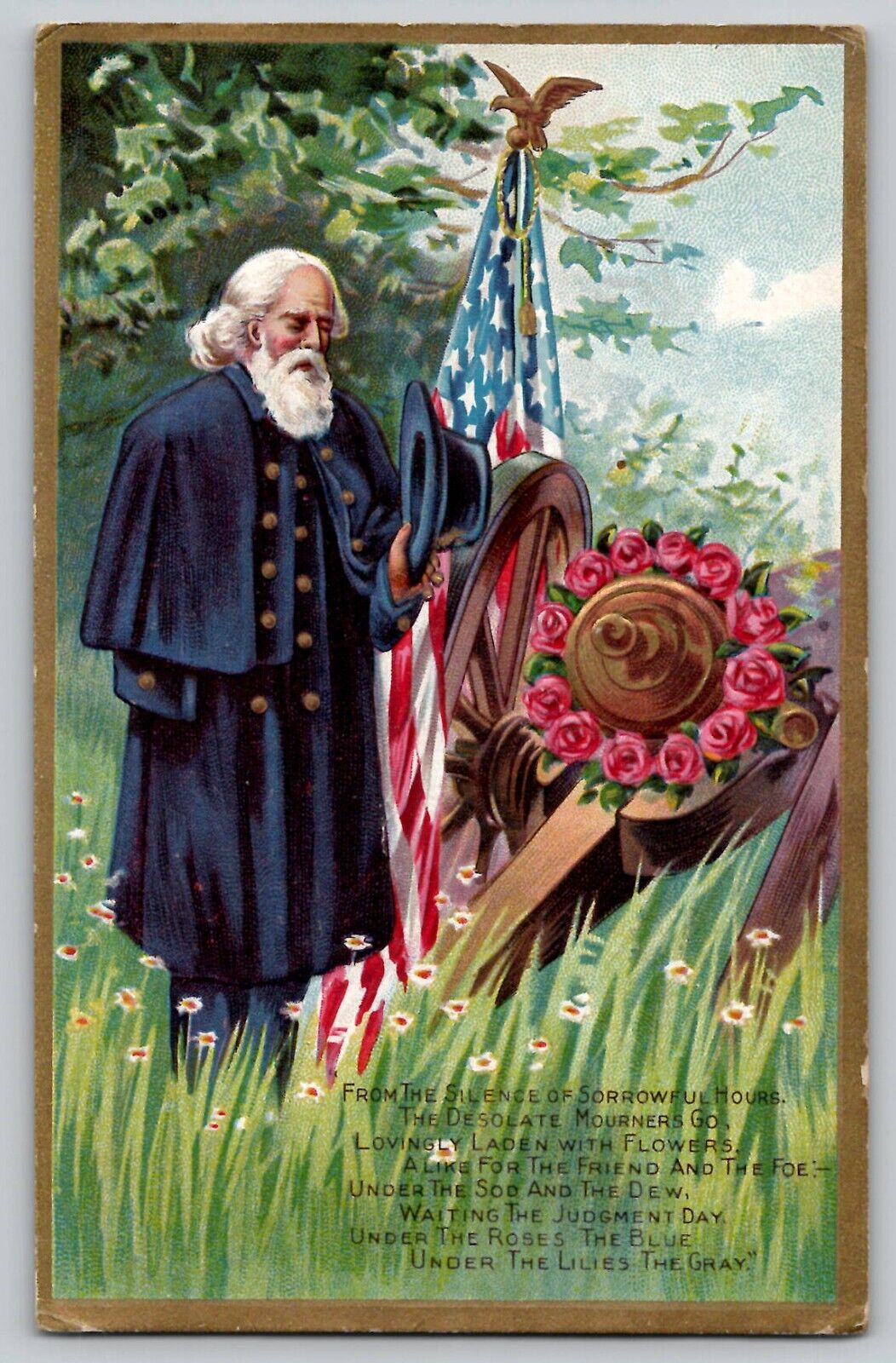 c1910 Decoration Day Patriotic Vintage Postcard Union Veteran Flag Wreath Cannon