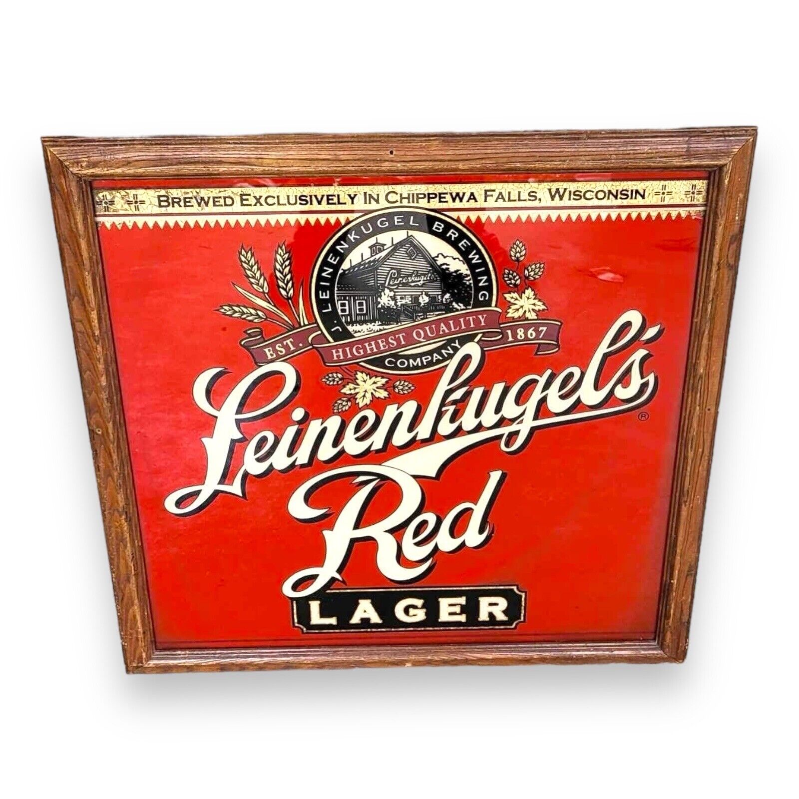 VTG Leinenkugal Red Lager Framed Glass 27” Beer Sign Bar Brewery Man Cave Decor
