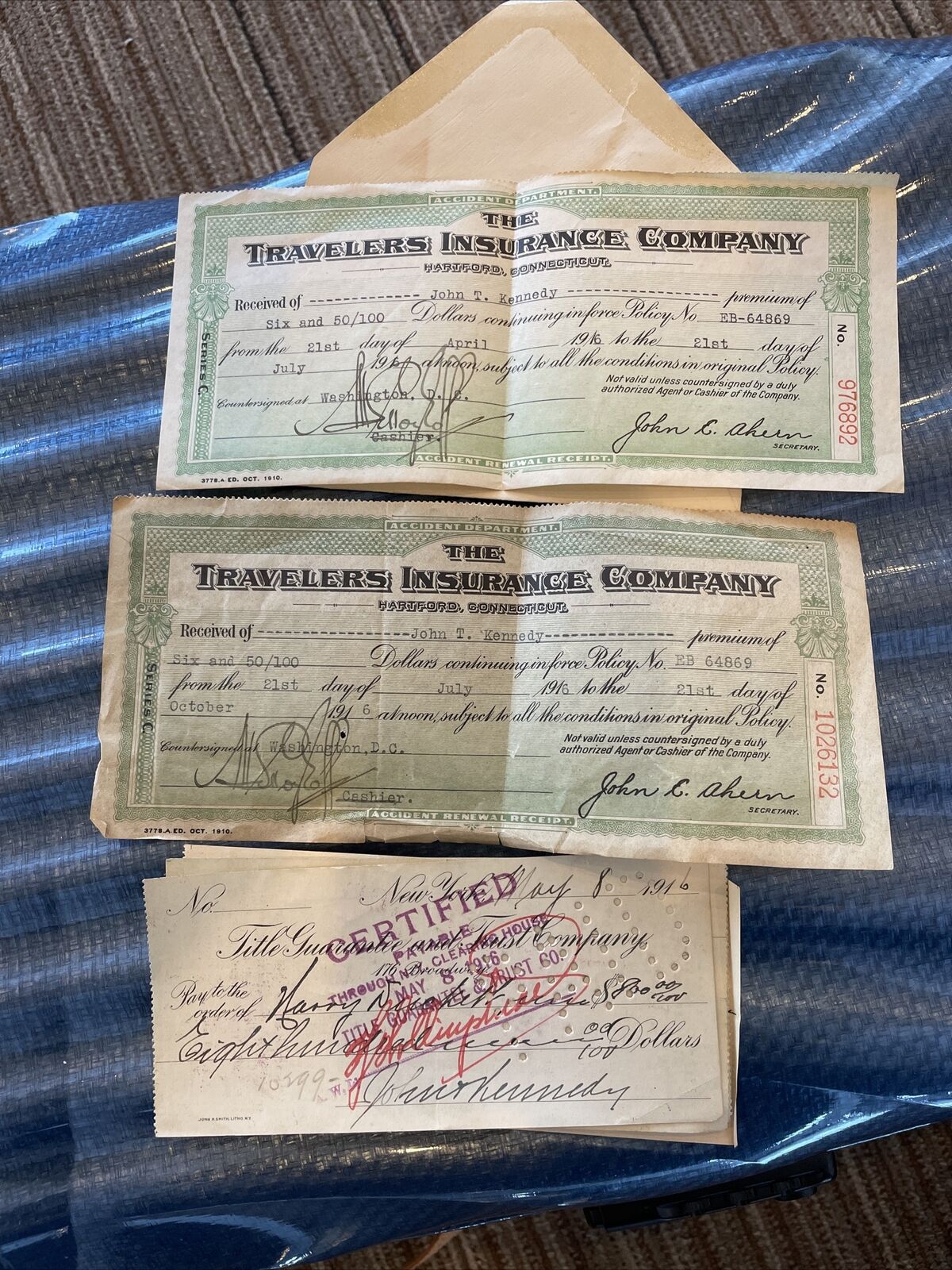Travelers Insurance Co - 1916 City Bank of Hartford Ct - 6 Checks John Kennedy