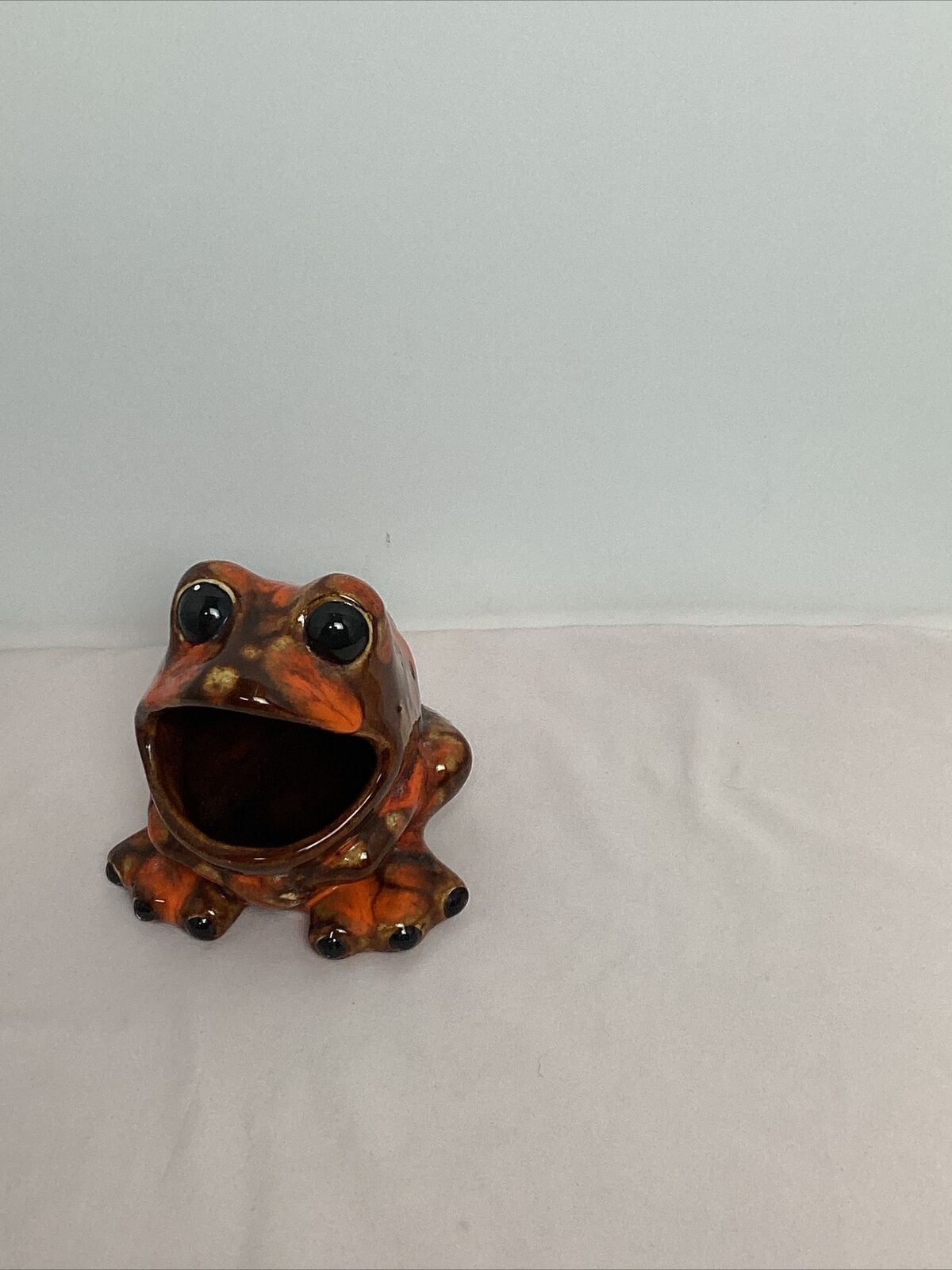 Large Vtg Scrubber Frog Sponge Holder Open Mouth Orange Brown Glazed Ceramic