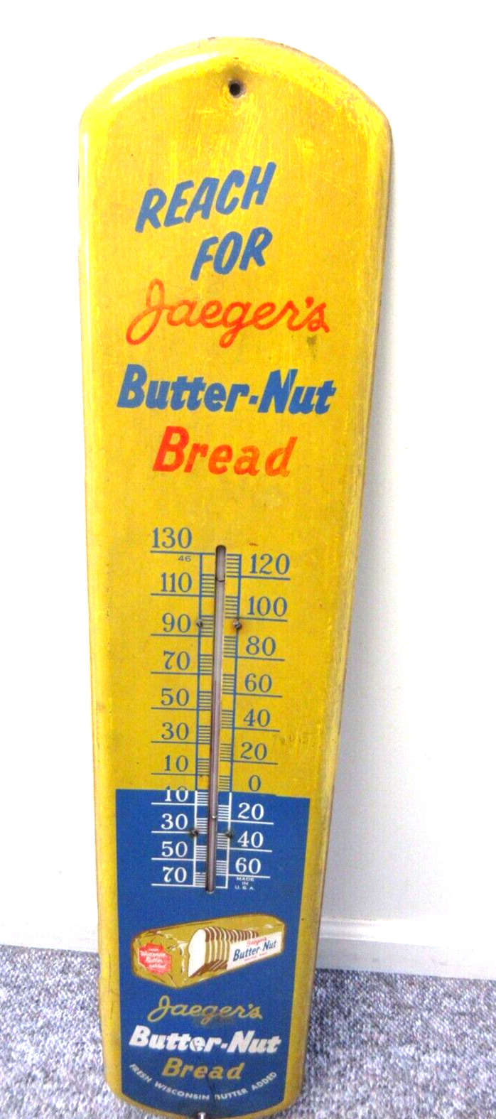 VINTAGE ADVERTISING  JAEGER\'S BREAD  LARGE TIN STORE WALL THERMOMETER  D-207