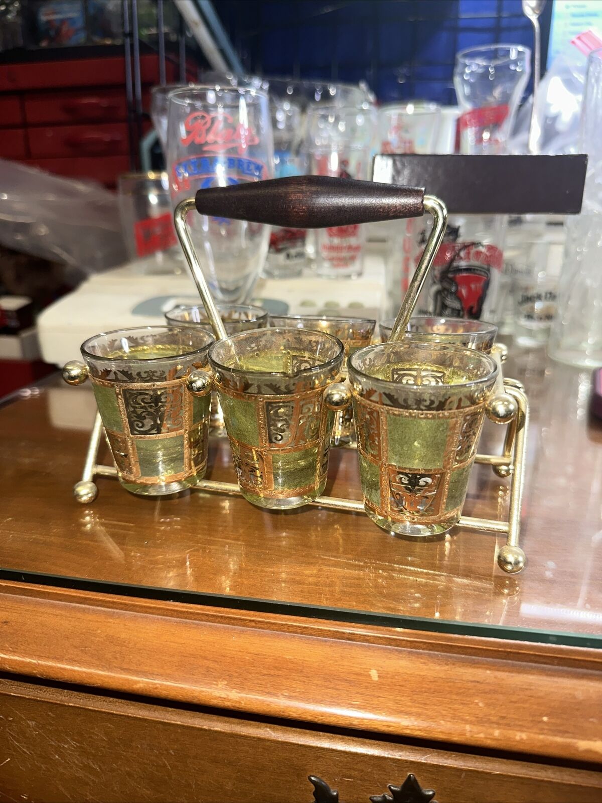 Vintage MCM Culver Valencia 22kt Gold And Green Shot Glass Set And Caddy Checker