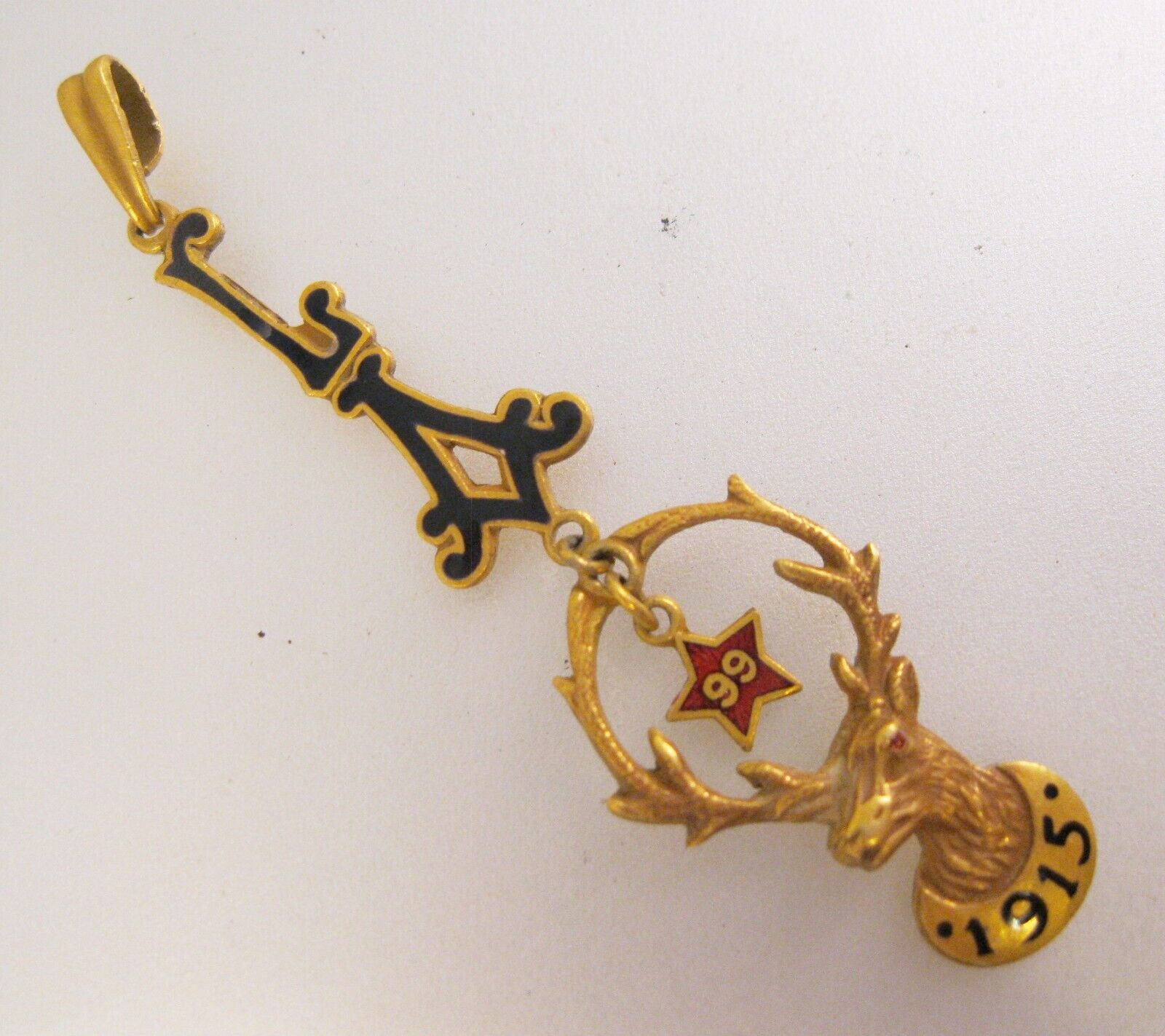 1915 BPOE Elks Los Angeles 99 Pendant Gold-Filled Enamel Brass Antique Jewelry