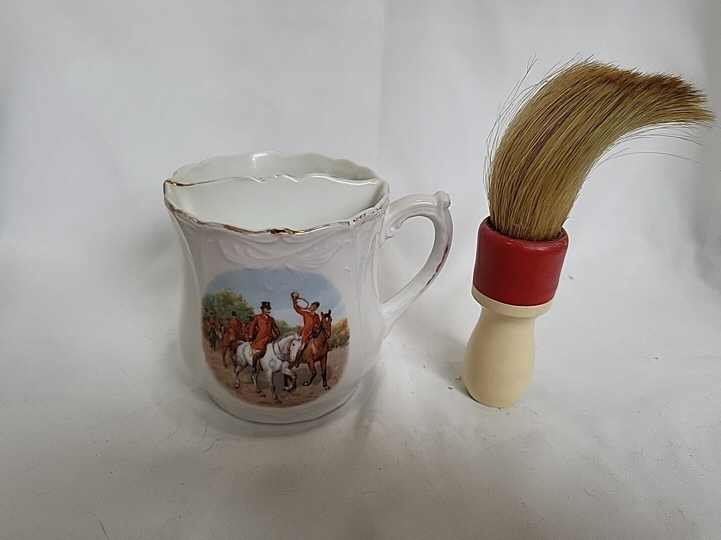 Antique Victorian Mustache Cup with Hunt Scene And Brush