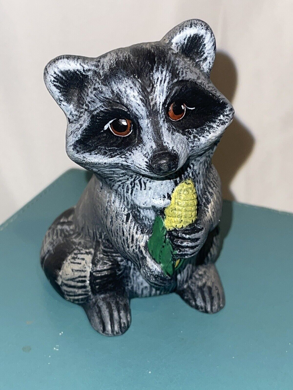 Estate Raccoon Figurine Find Ceramic Vintage Holding Corn