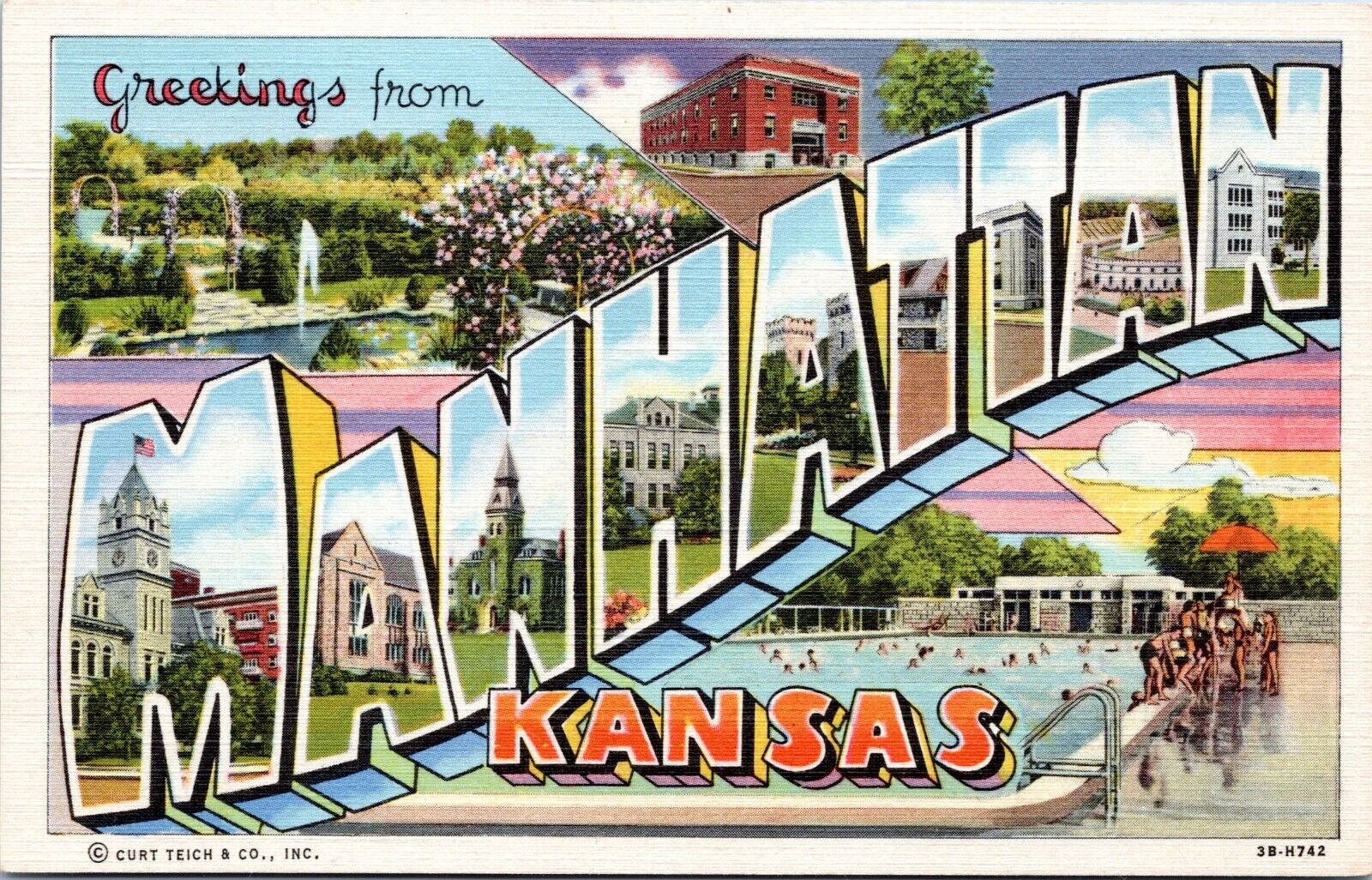 Large Letter Greetings, Manhattan, Kansas - 1943 Linen Postcard - Curt Teich