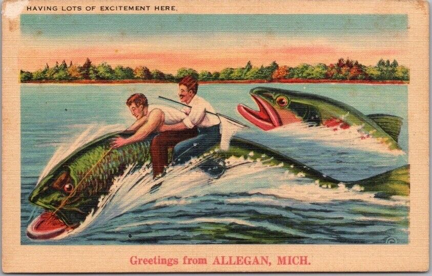 ALLEGAN Michigan Fishing Exaggeration Linen Comic Postcard \