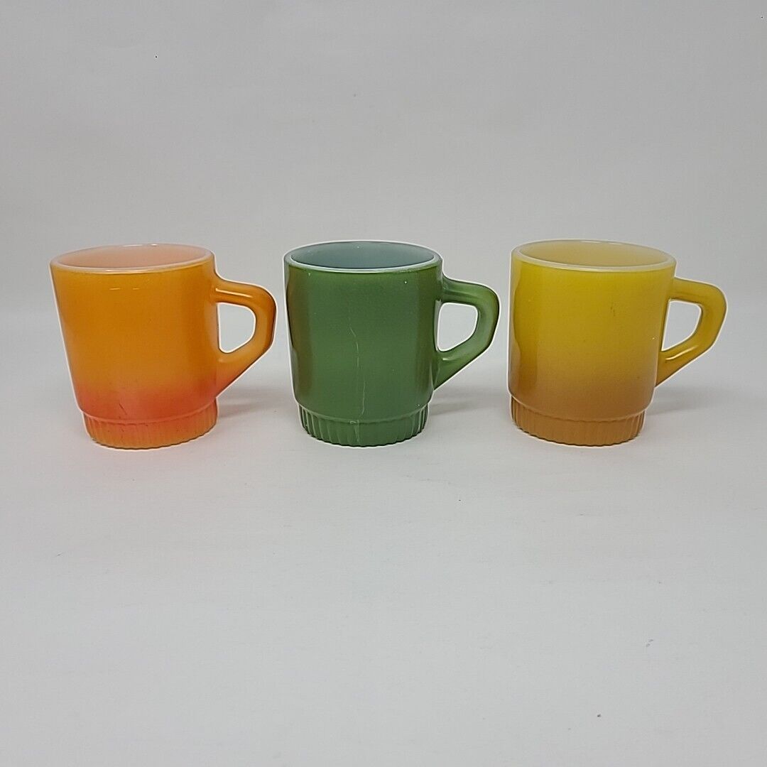 3 Vintage Retro Fire King Anchor Hocking Stackable Multi Color Coffee Mugs 8oz