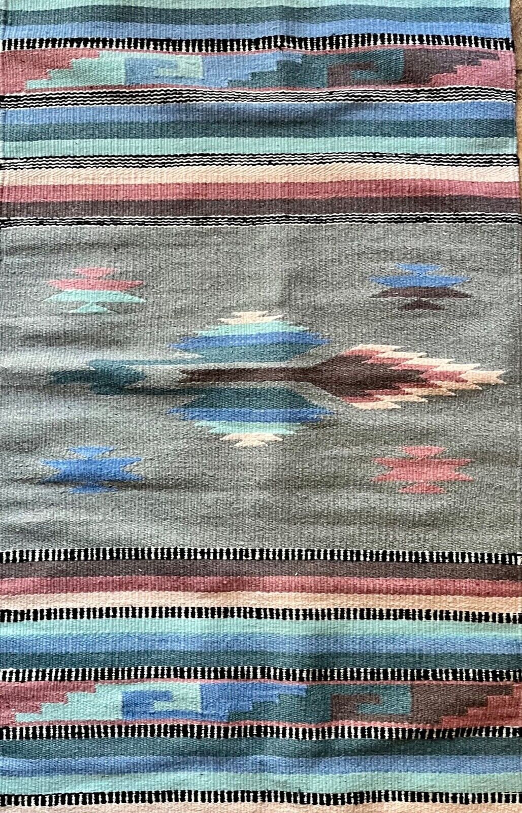 SOUTHWEST 57” x 28” Rug Gray W/ Light Blues & Pinks Wool Blend Native American 