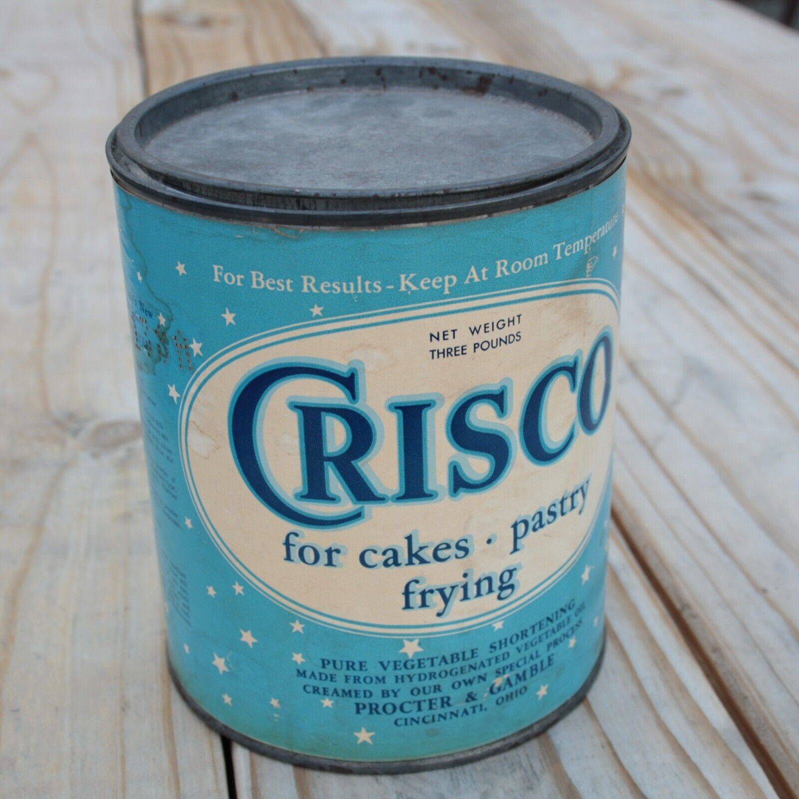 Crisco Can with Star Design 3 LB Metal Can with Paper Label and Lid RARE Vintage
