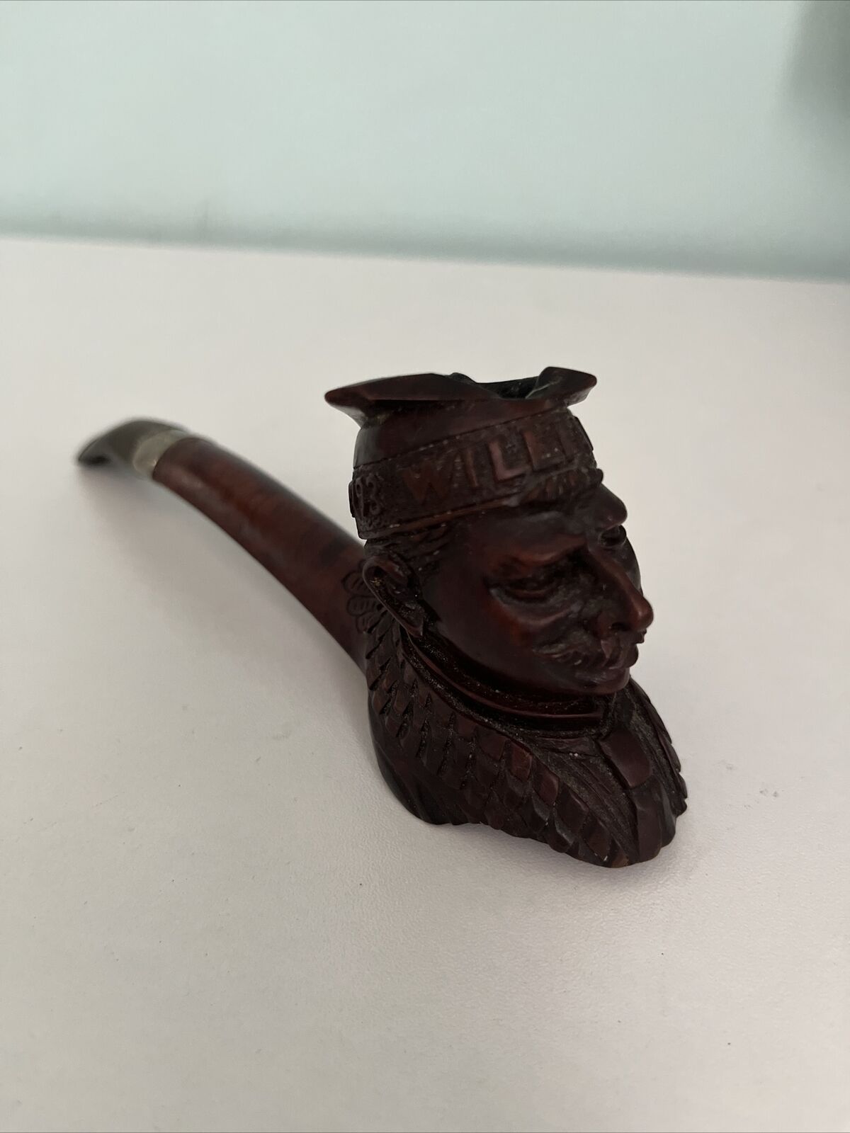 Antique 19c Handcarved Black Forest Wood Pipe Mans Face EP Pipe Smoke Tobacco