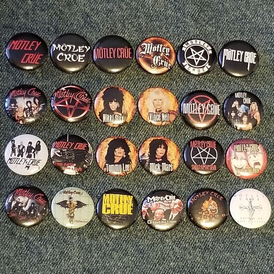 Motley Crue Buttons Pins -Lot-Of-24- Complete Discography - Logos - Members -NEW
