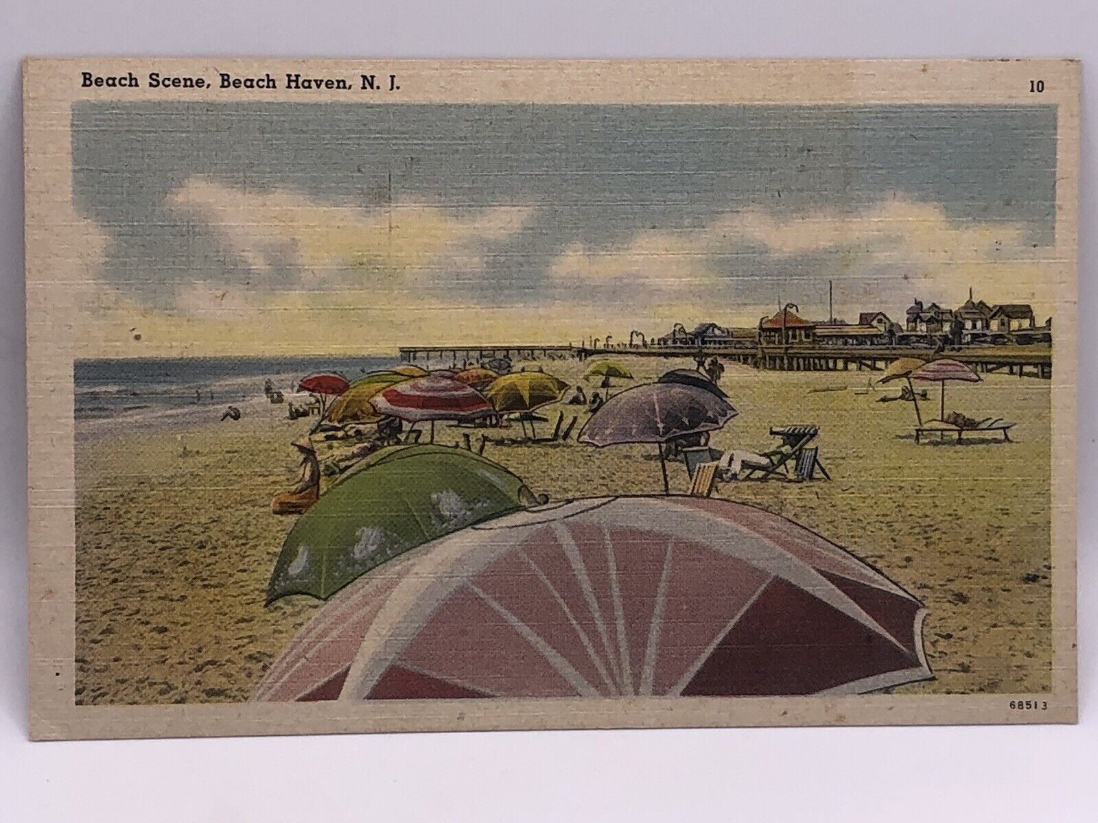 Postcard Beach Scene Beach Haven New Jersey Beach Umbrellas Unposted Linen