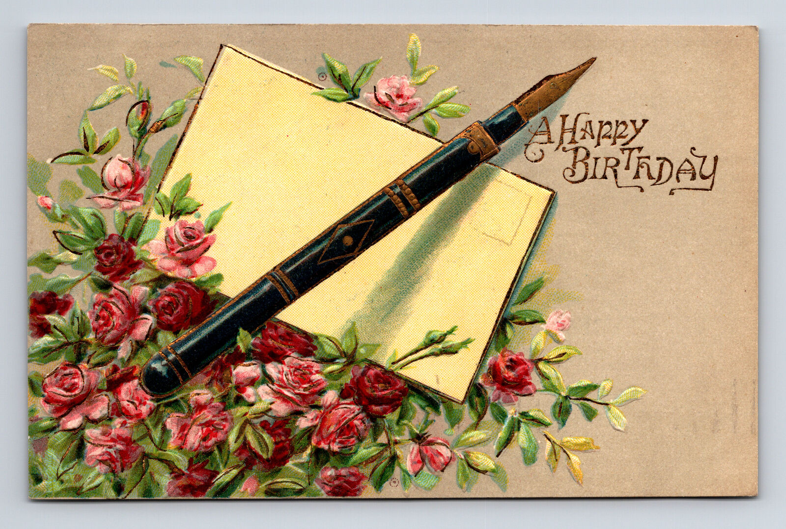 1908 Happy Birthday Fountain Pen Note Envelope Roses Flowers Greeting Postcard
