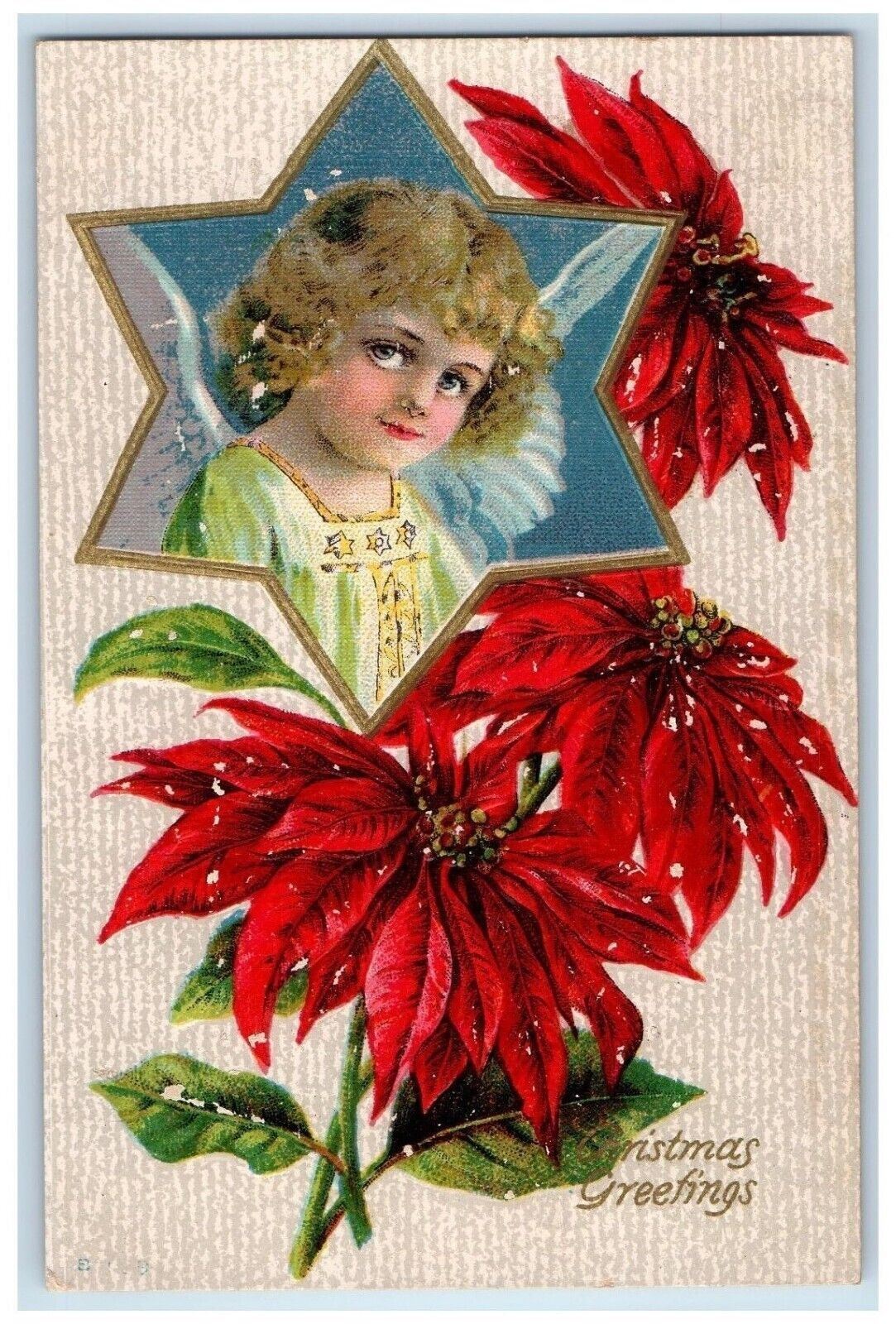 c1910's Christmas Greetings Poinsettia Flowers Embossed Posted Antique Postcard