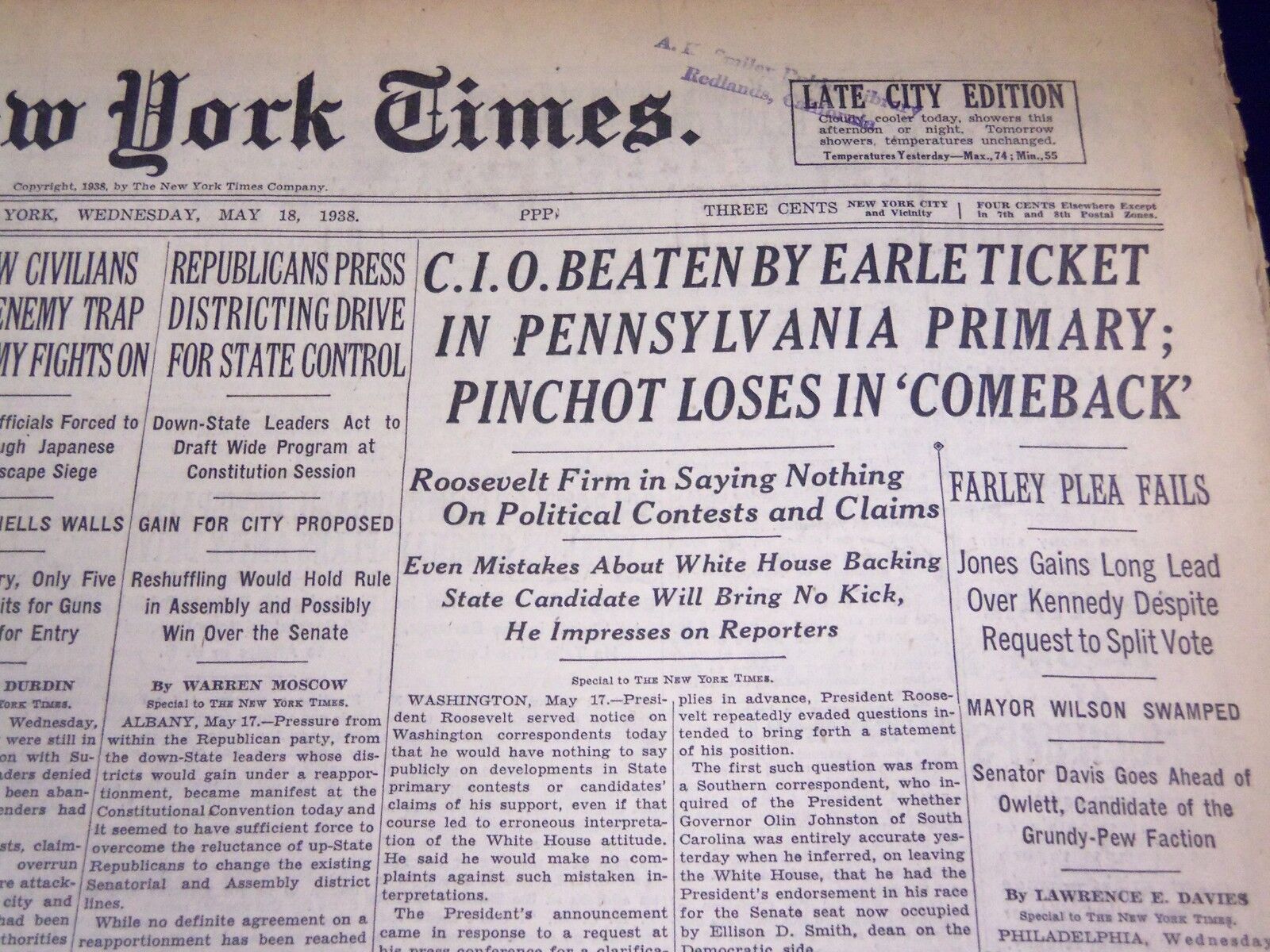 1938 MAY 18 NEW YORK TIMES - C. I. O. BEATEN BY EARLE TICKET IN PENN. - NT 688