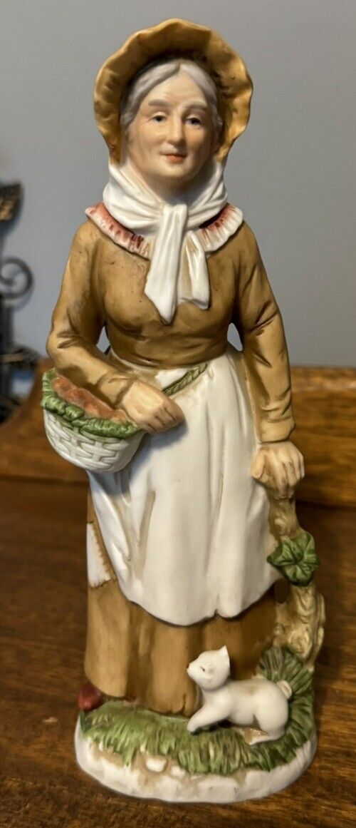 Vintage Old Lady With Basket Figurine. Homco #1409  8” Tall