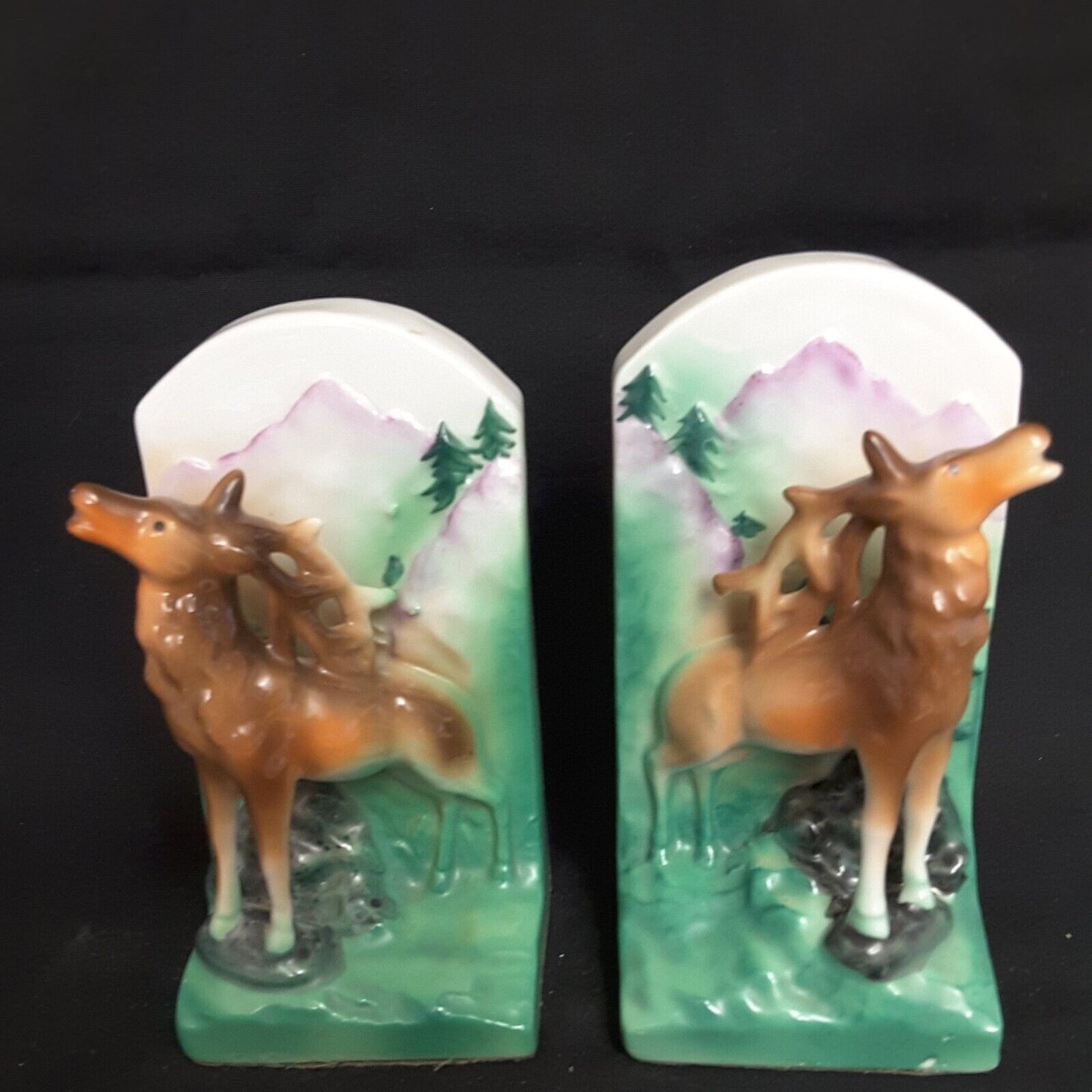1930's Reindeer In Wilderness/Mountains/Woods Bookends. Hand Painted Japan