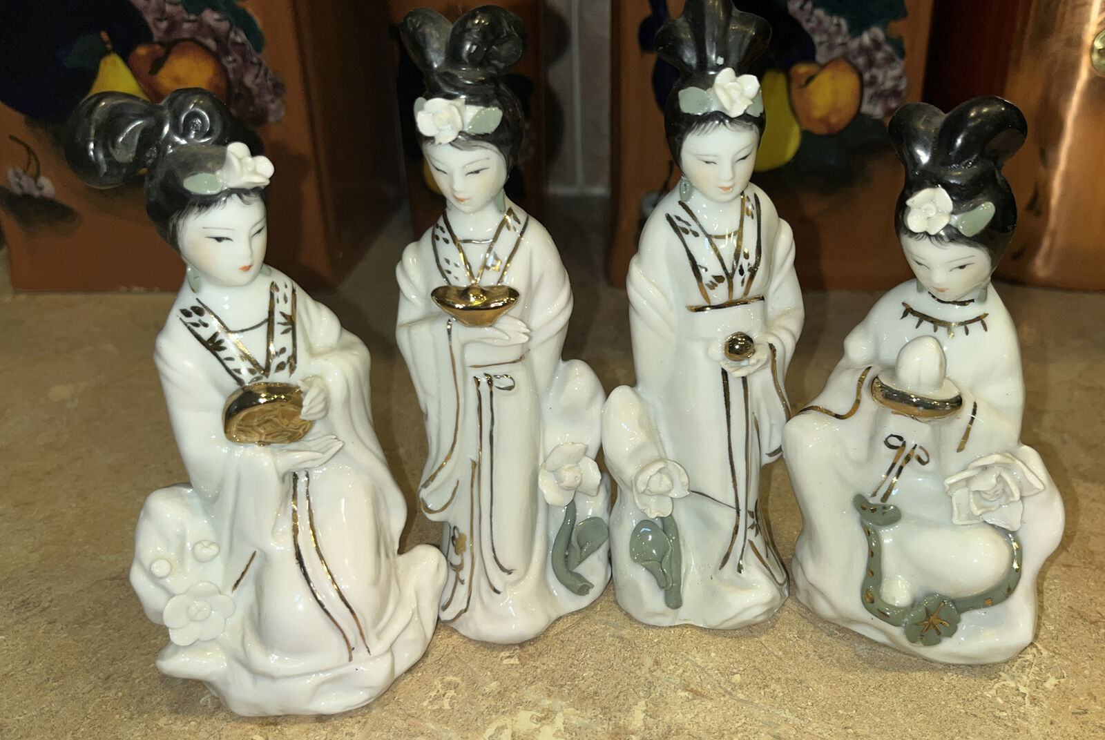 4 Vintage Geishas Japanese Porcelain Gold Enamel Figurines Hand Painted Beauty