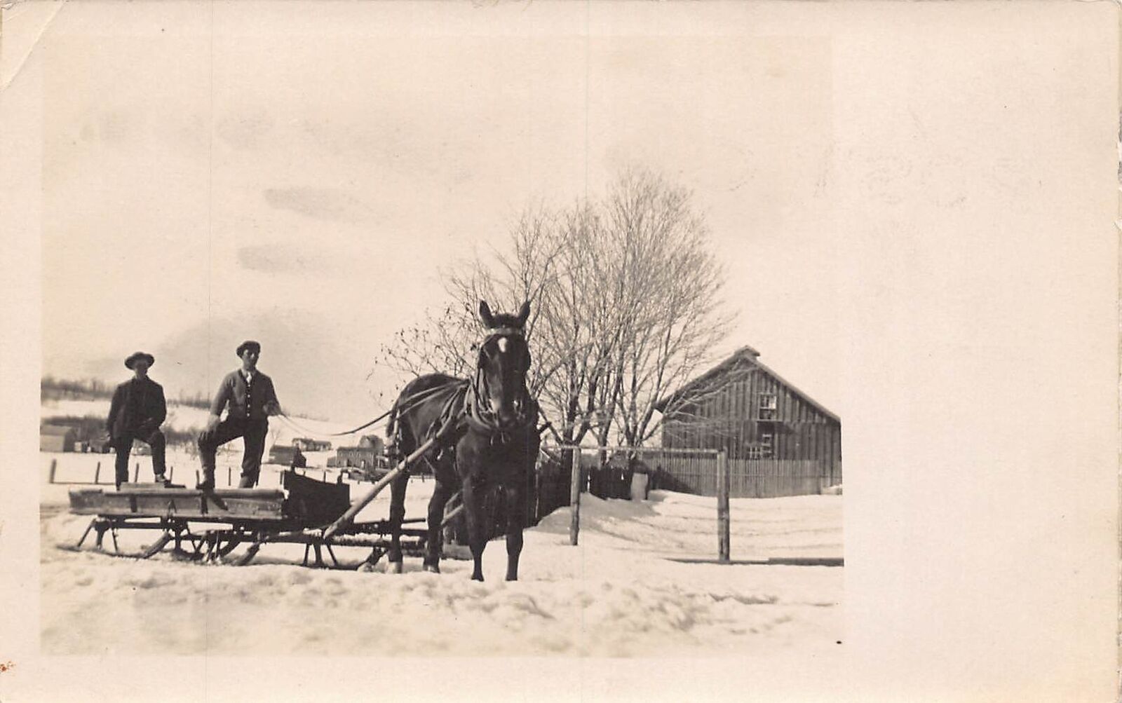 J72/ Interesting RPPC Postcard c1910 Horse Sleigh Men Barn 420