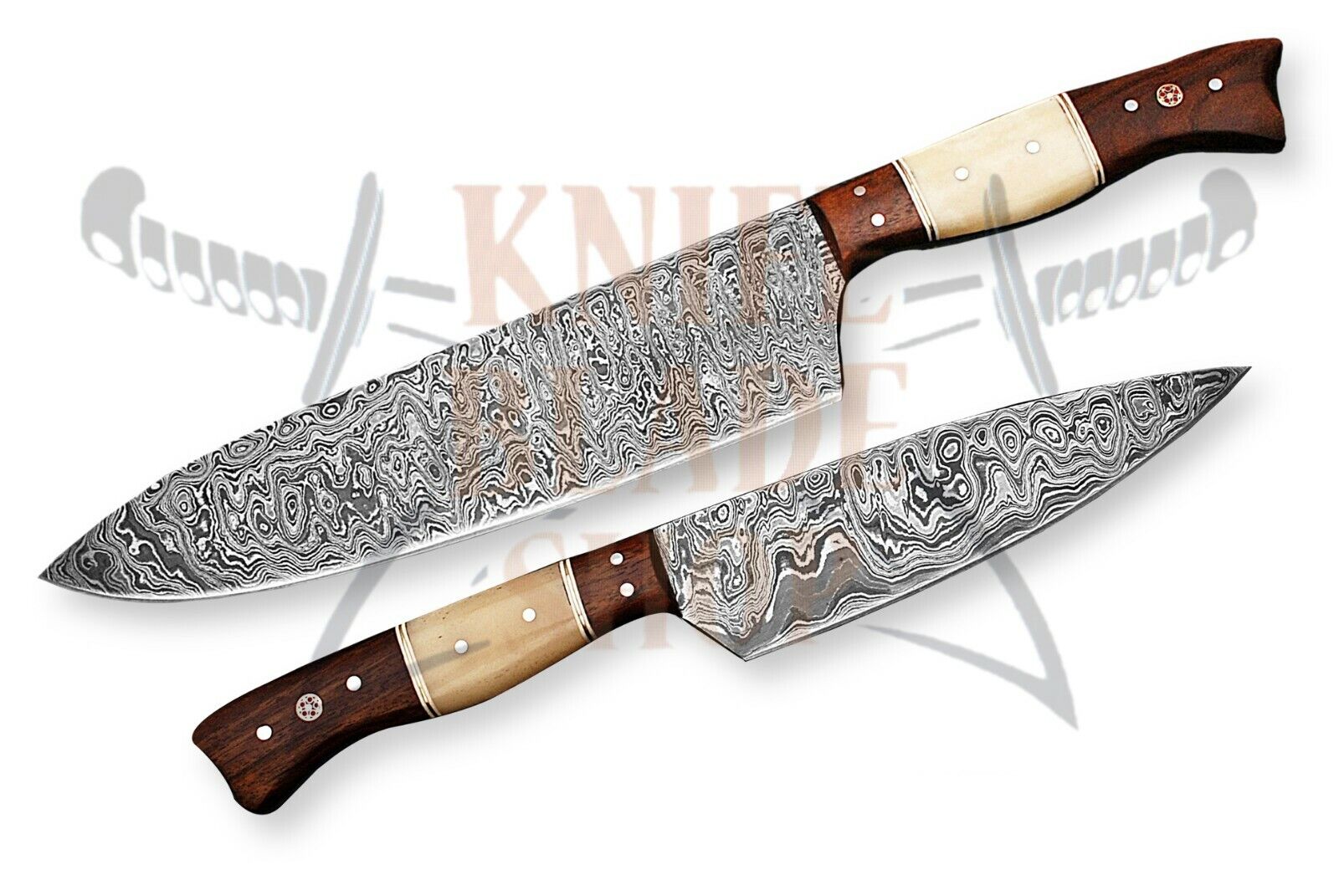 2 piece set of Damascus steel BLADE KITCHEN KNIVES/CHEF KNIVES BONE HANDLE