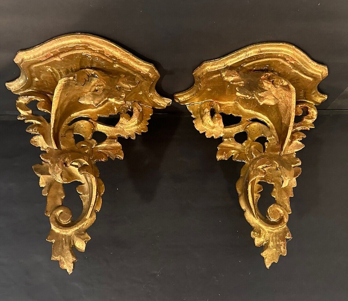 Antique Italian Florentine Gilt Wall Sconces Shelves Ornate Carved Wood Italy 2