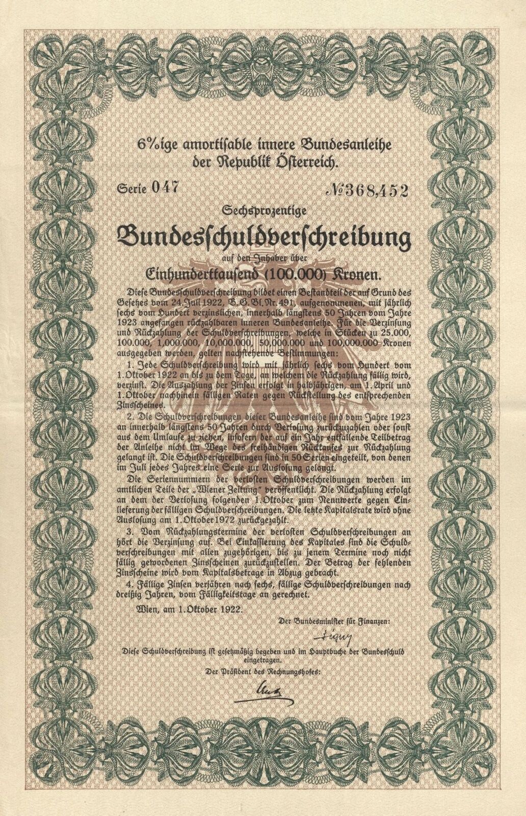 Austrian Bond - 1922 dated 100,000 Austrian Kronen - Foreign Bonds
